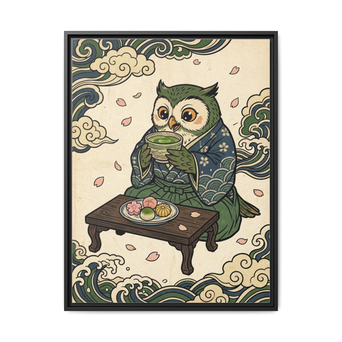 Owl and matcha tea canvas wall art in Japanese ukiyo-e kitchen print style with cream green and navy tones