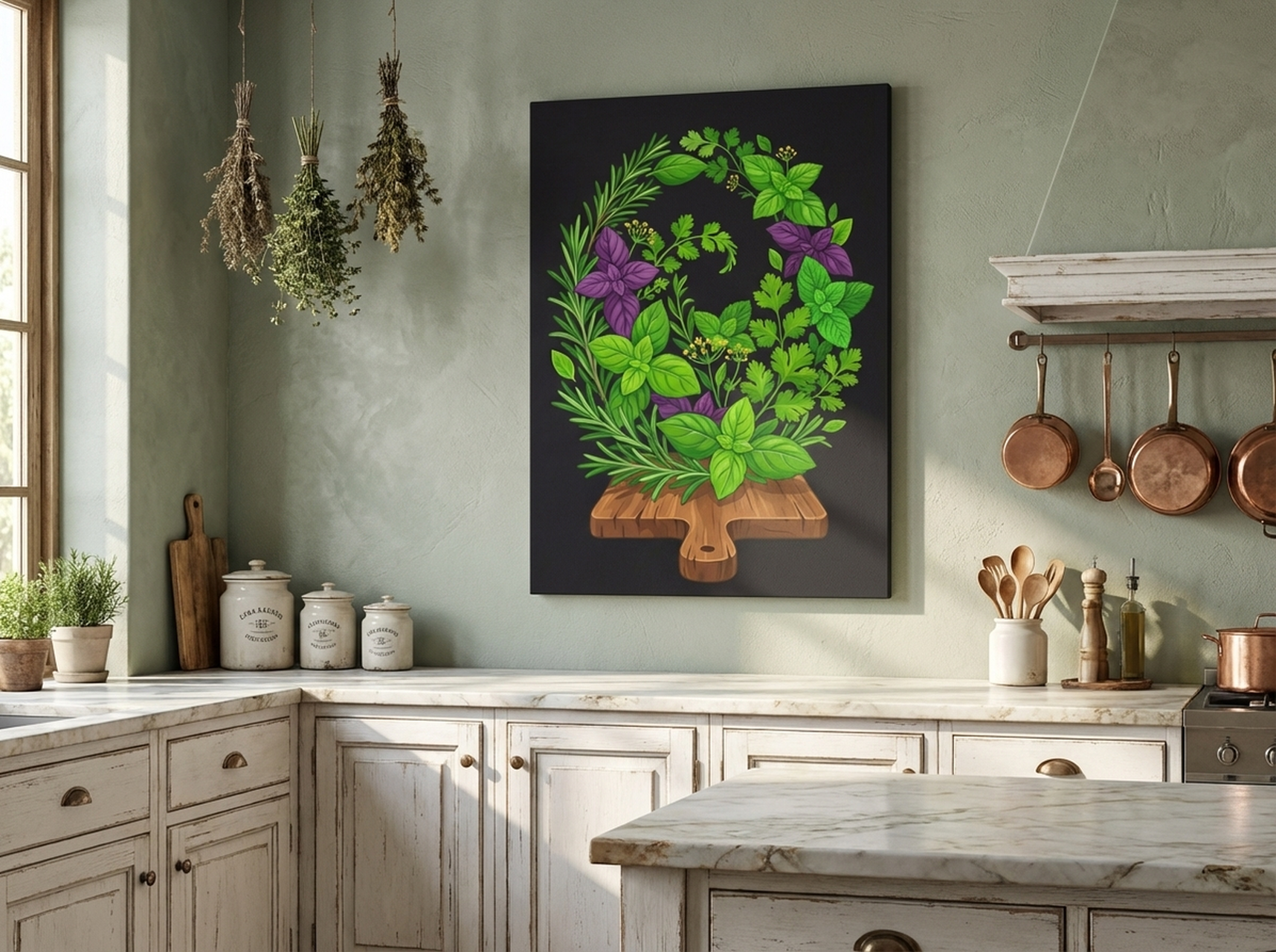 Herb spiral garden canvas wall art with graphic botanical illustration in greens and earth tones, suited for French country dining room decor
