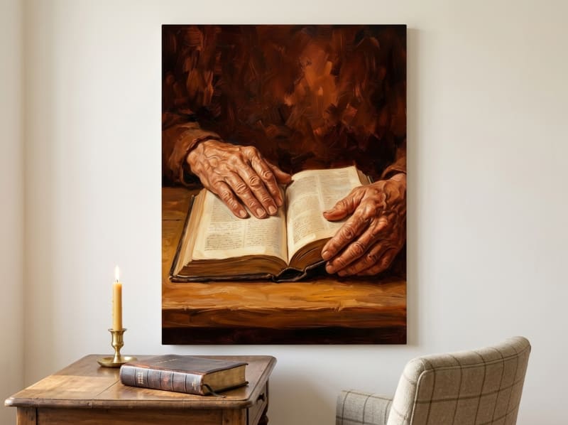 Praying Hands canvas wall art in oil painting style, warm terracotta and gold tones, prayer room bedroom decor