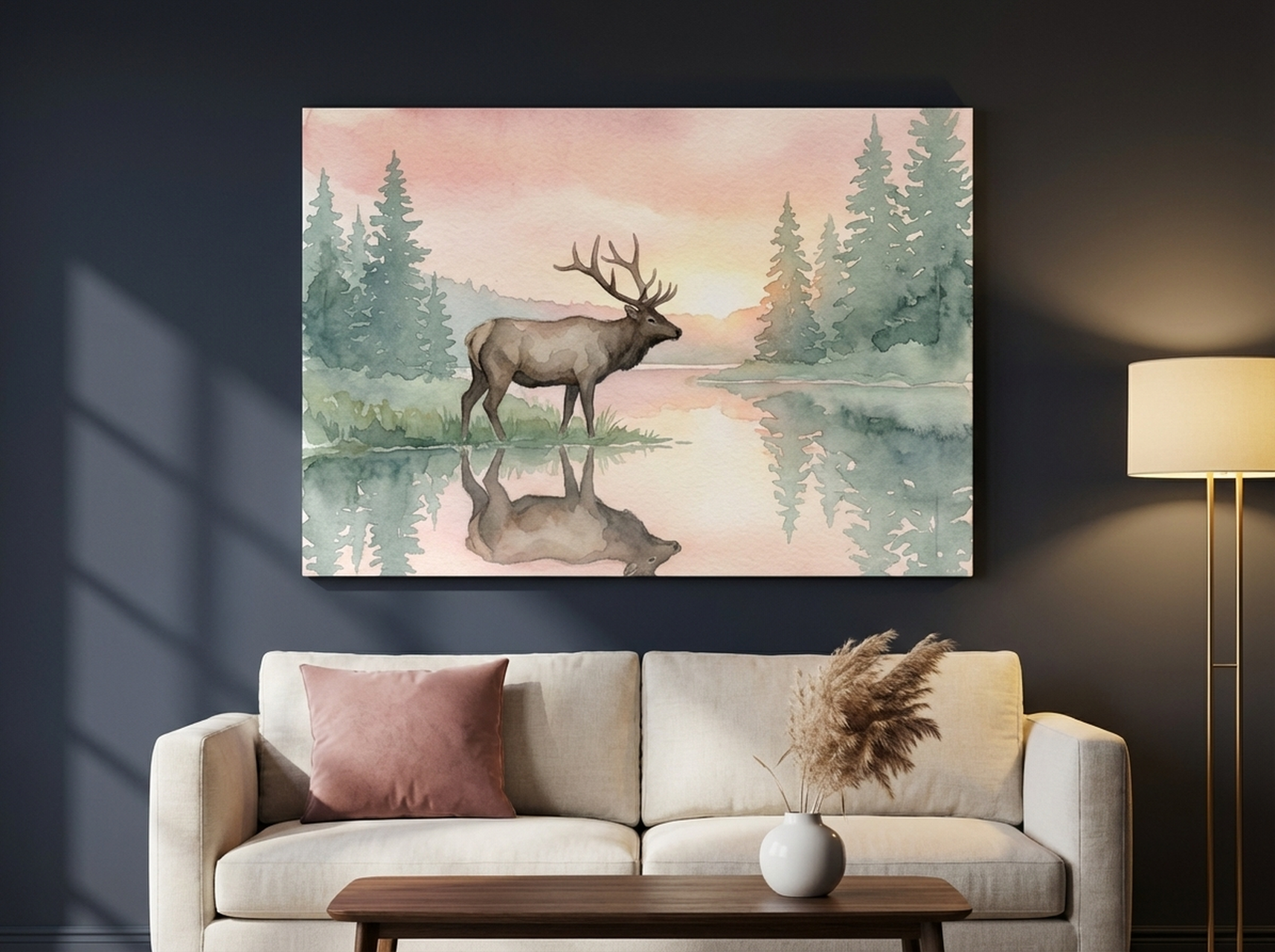 Elk Canvas Wall Art canvas wall art in cream, pink, sage, gold tones, ideal for above-bed bedroom placement