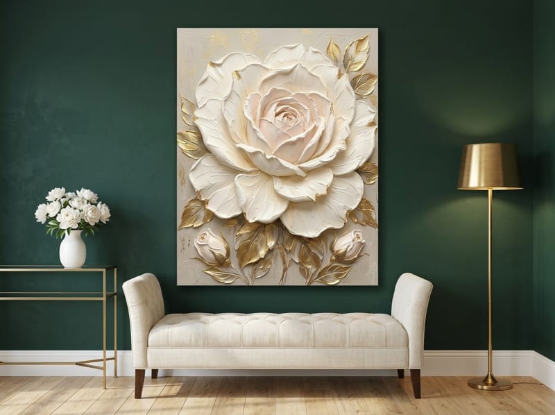 Oversized Rose impasto canvas wall art in cream, white, and gold tones with thick textured brushwork for bedroom luxury decor