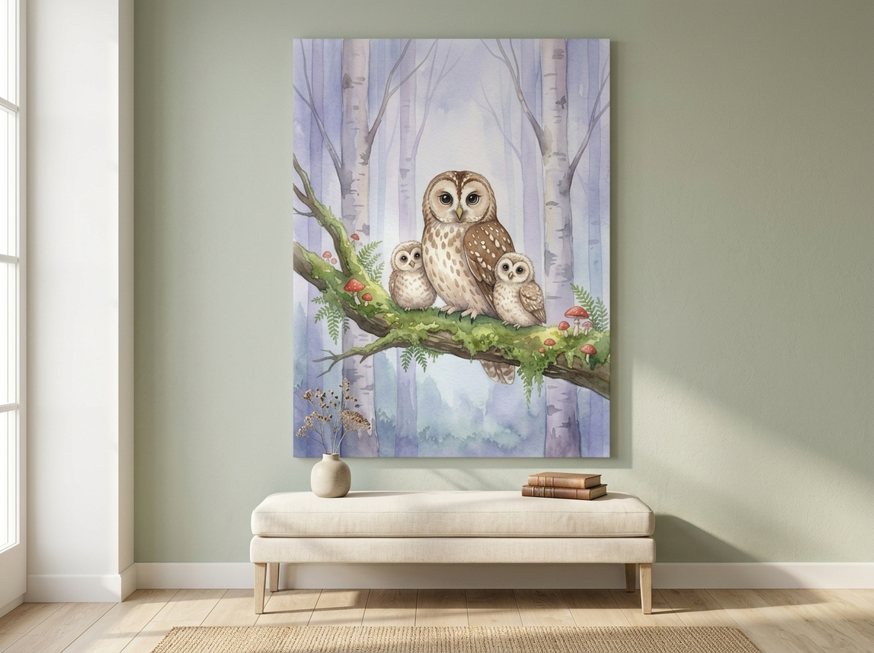Owl Family Watercolor Nursery Canvas Wall Art