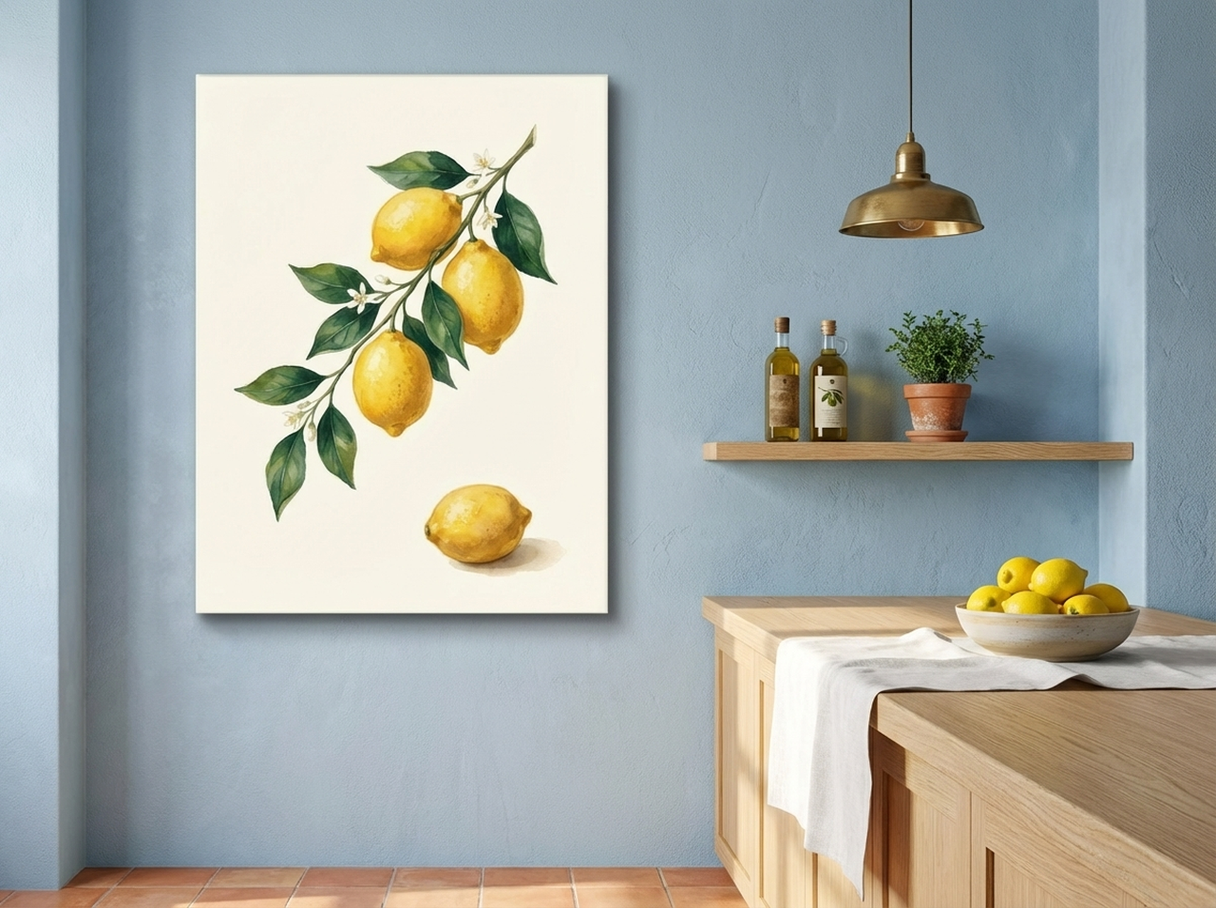 Lemon Branch botanical kitchen canvas print with yellow green and cream tones for farmhouse dining room