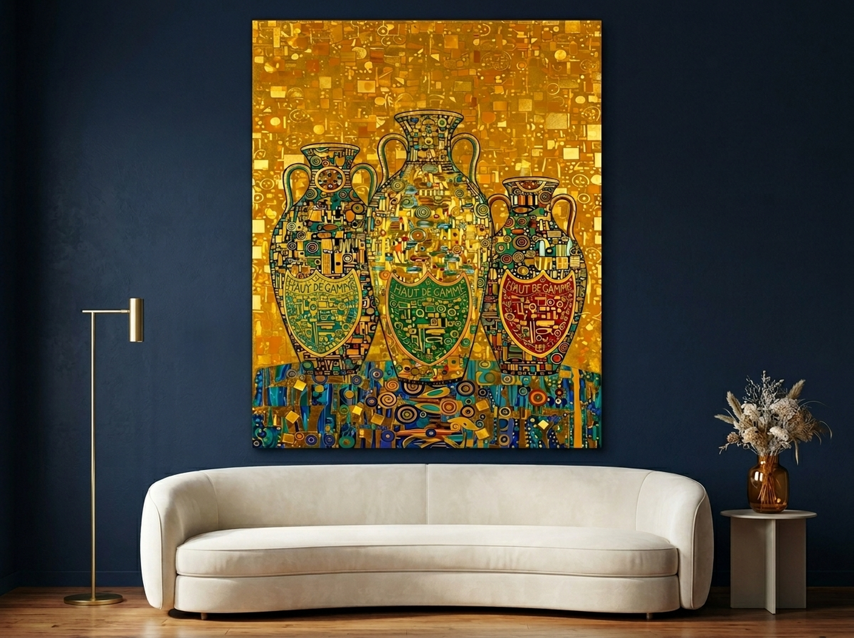 Klimt Urn Trio gold mosaic canvas wall art with jewel tones of teal, emerald, burgundy, and gold
