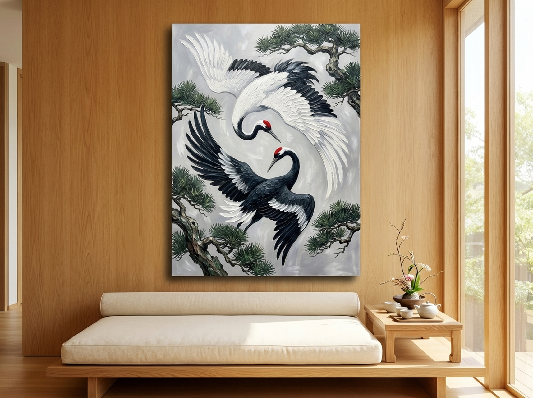 Yin Yang Cranes Canvas Wall Art canvas wall art in white, black, red, gray tones, ideal for above-bed bedroom placement