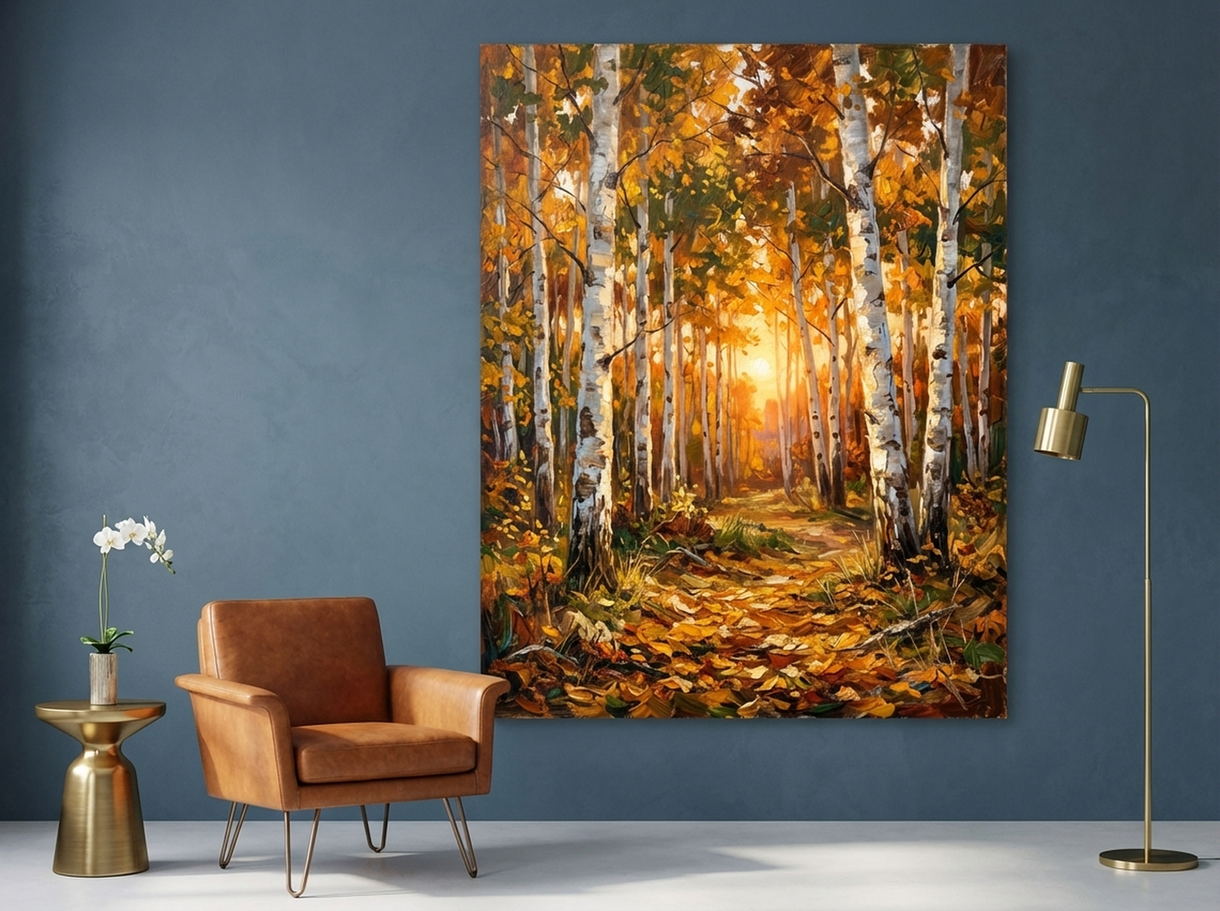Birch forest autumn trees oil painting canvas wall art in gold orange and white tones for a cozy bedroom mood