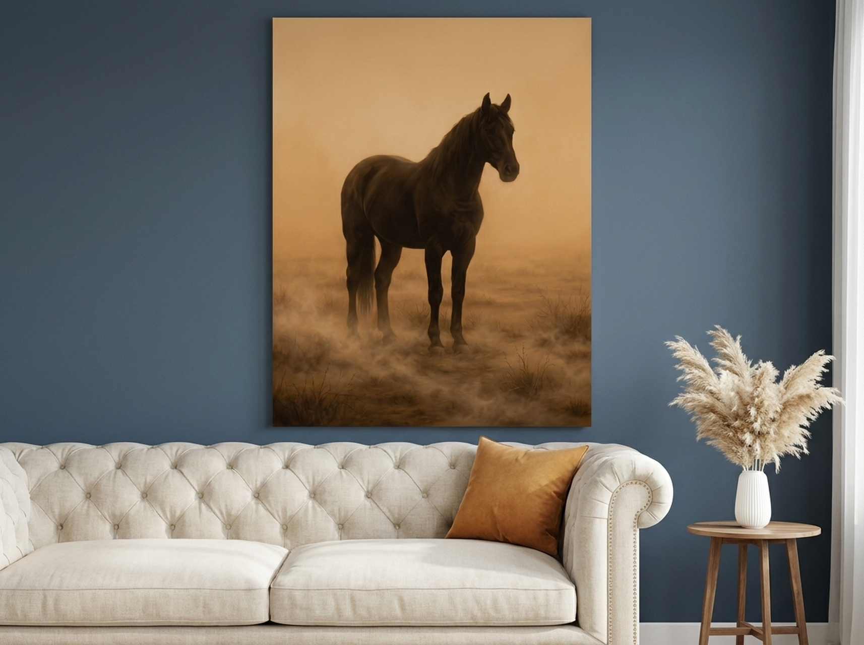 Black stallion horse atmospheric sepia painting canvas print with brown tan gold and black tones in living room