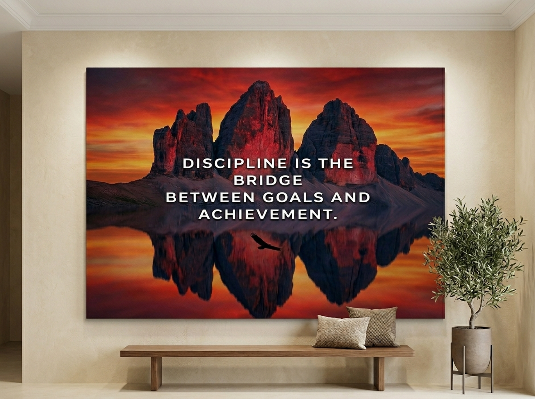 Mountain Canvas Wall Art showing the Dolomites landscape in crimson and gold tones, photography print for living room