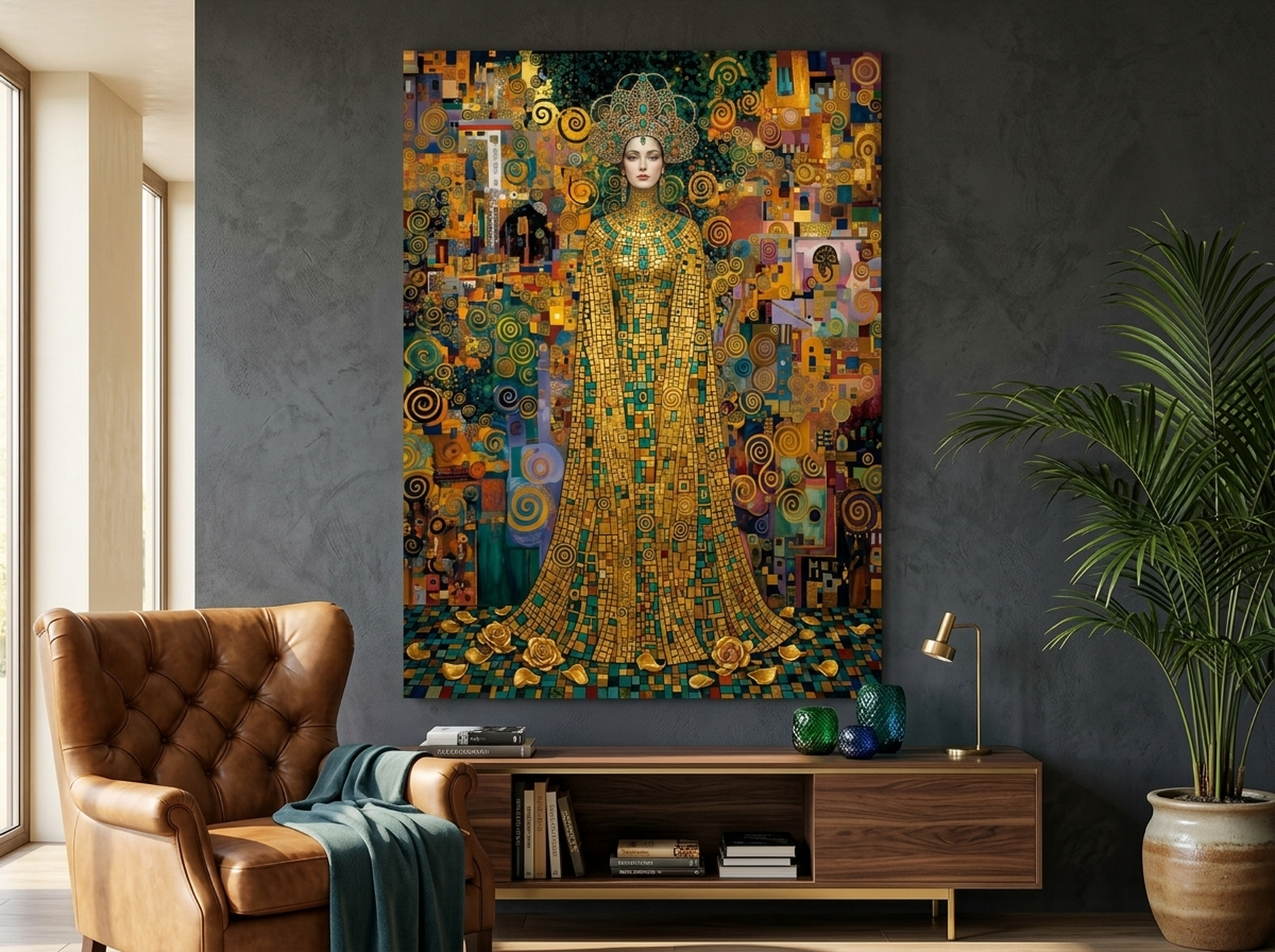 Klimt-inspired mosaic portrait canvas wall art with gold teal and burgundy jewel tones in Art Nouveau style