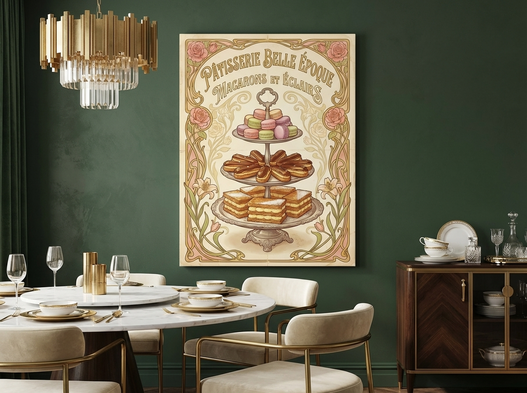 French Patisserie Canvas Wall Art nouveau kitchen print in cream and gold tones for elegant dining room