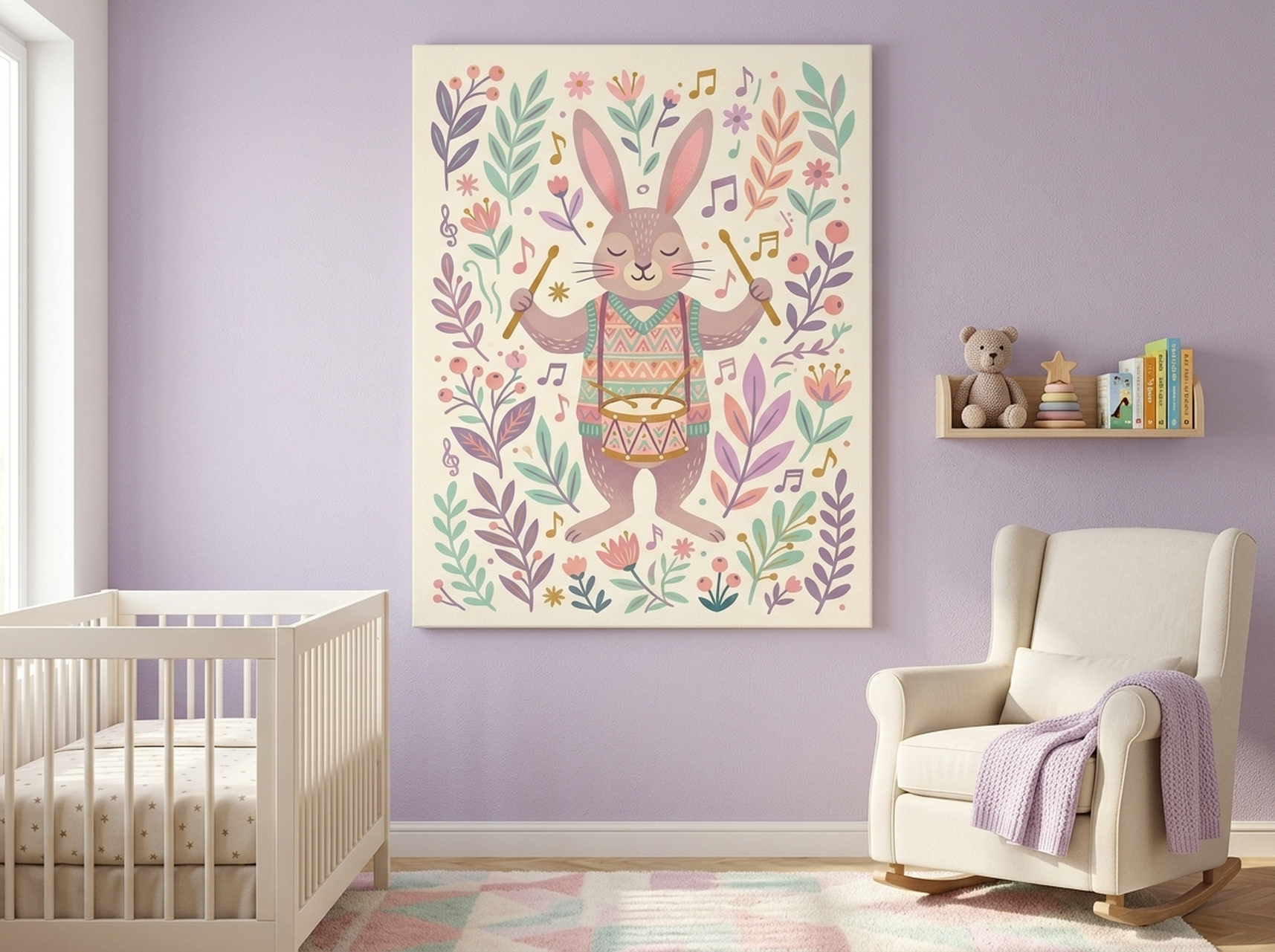 Rabbit drummer folk art nursery canvas wall art with playful music theme and warm earthy botanical background
