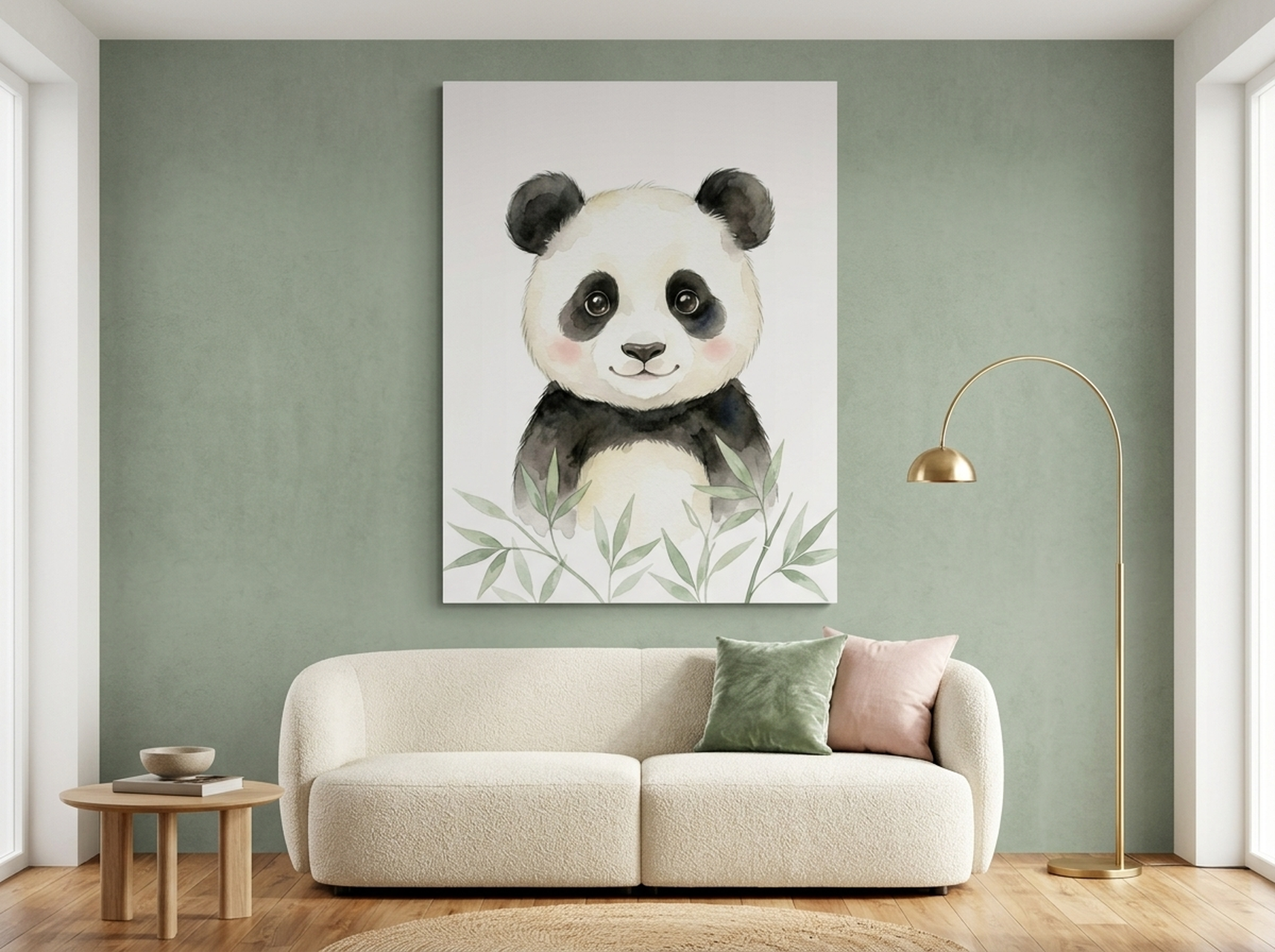 Baby panda kawaii gender neutral animal kids room nursery canvas wall art in soft black white and green tones