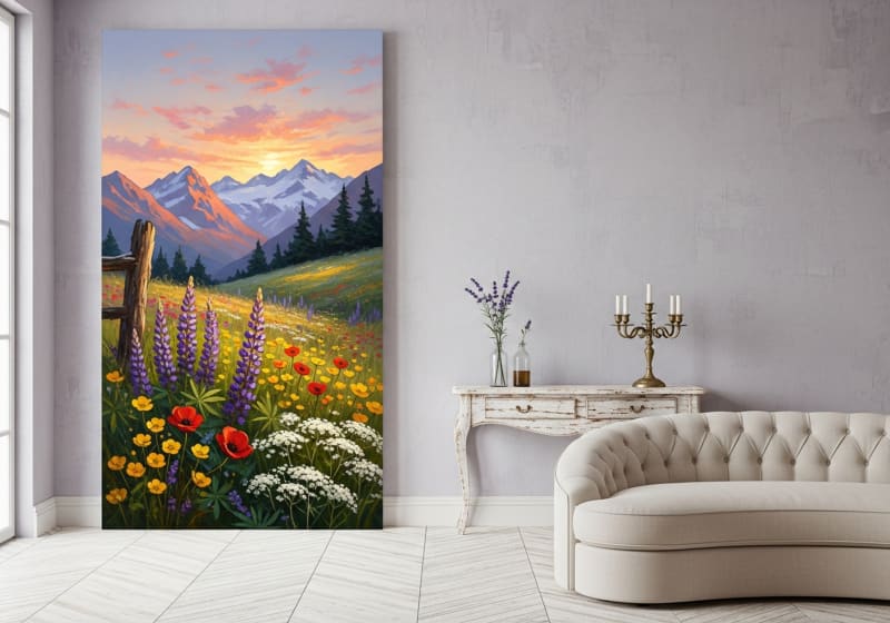 Wildflower Meadow canvas wall art, mountain landscape oil painting framed print with vibrant spring wildflowers in purple and gold against blue mountain backdrop, perfect for Easter living room or bedroom decor