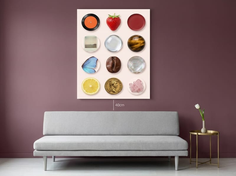 Curated objects collage canvas print in blush pink with maximalist collected shapes and botanical accents