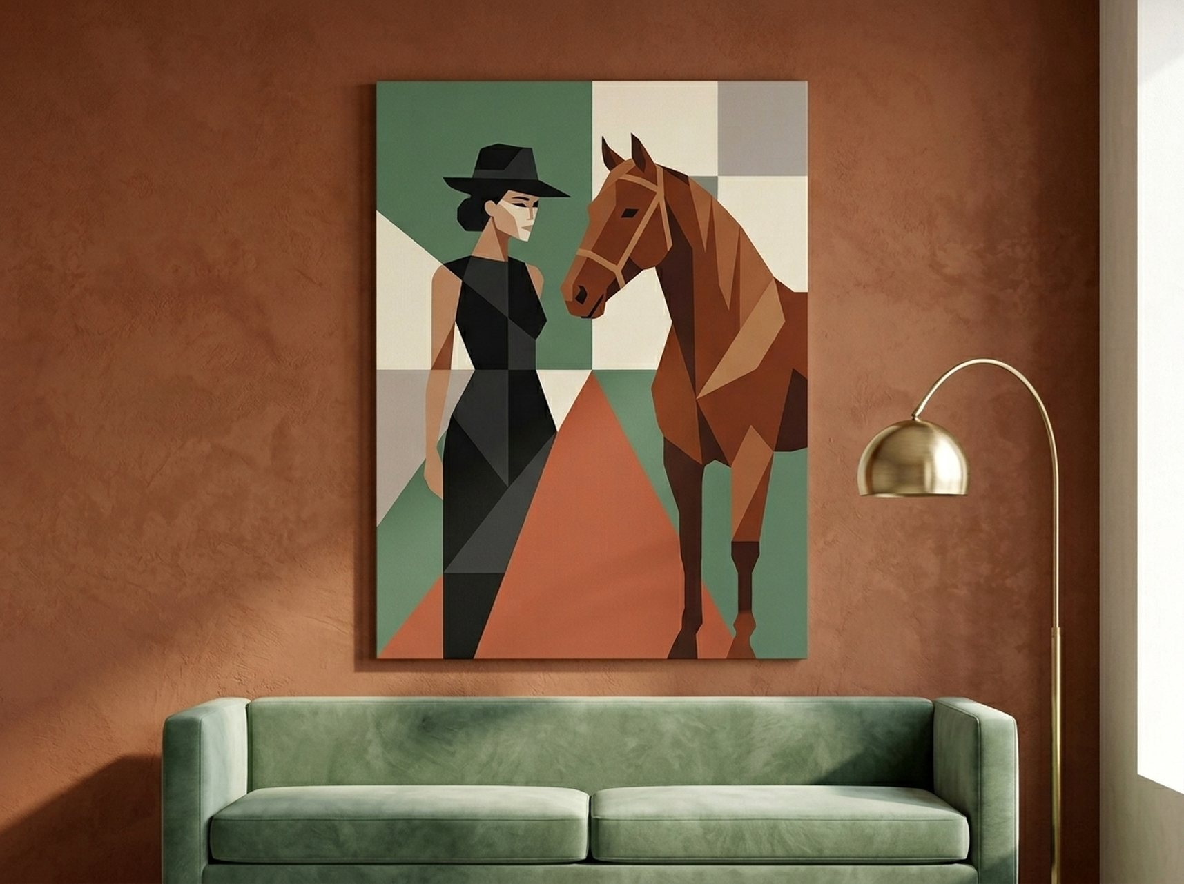 Woman and horse geometric abstract canvas wall art in sage and terracotta tones for a sophisticated home office