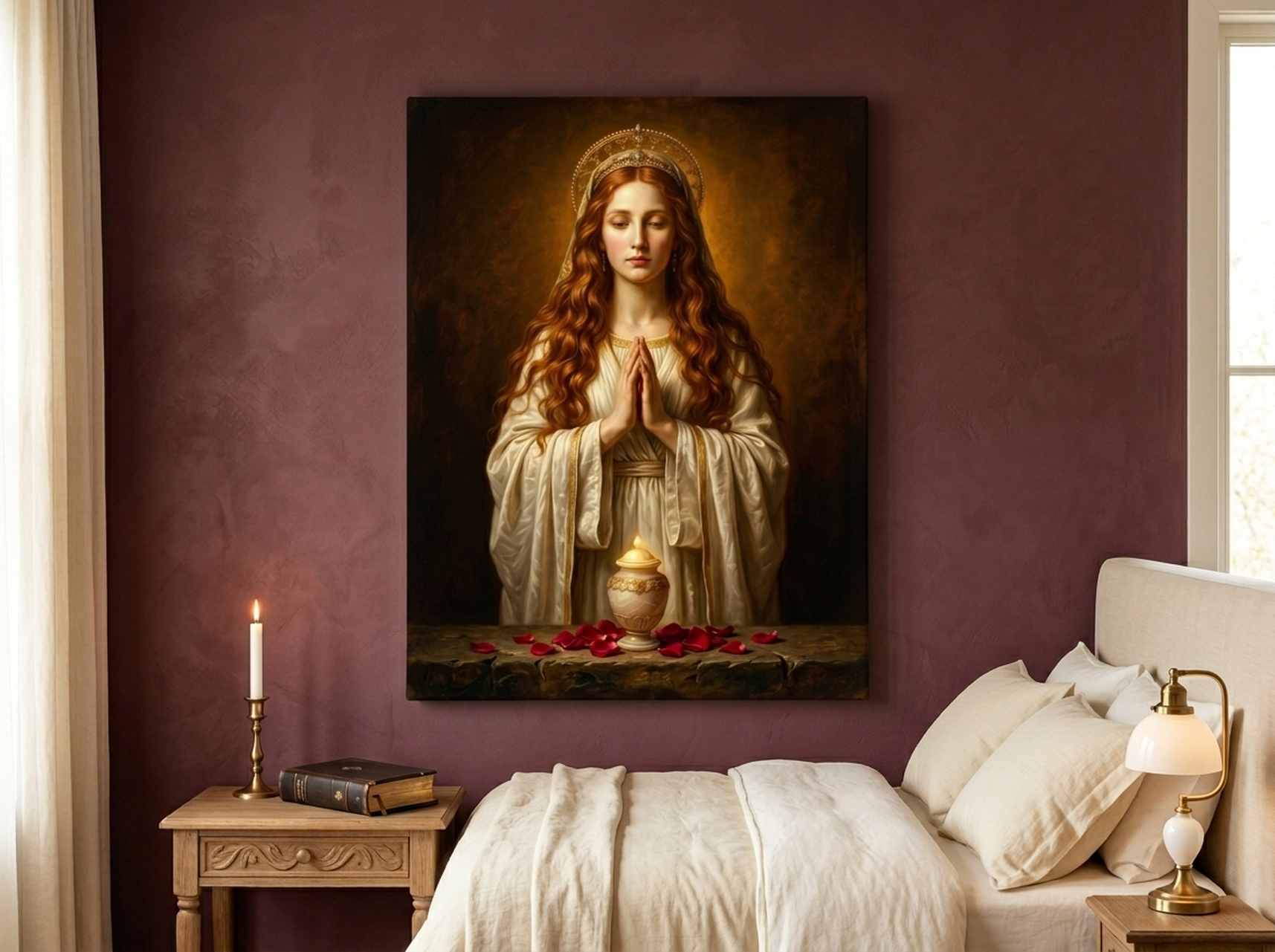 Mary Magdalene Renaissance oil painting portrait canvas wall art in gold brown burgundy and cream tones