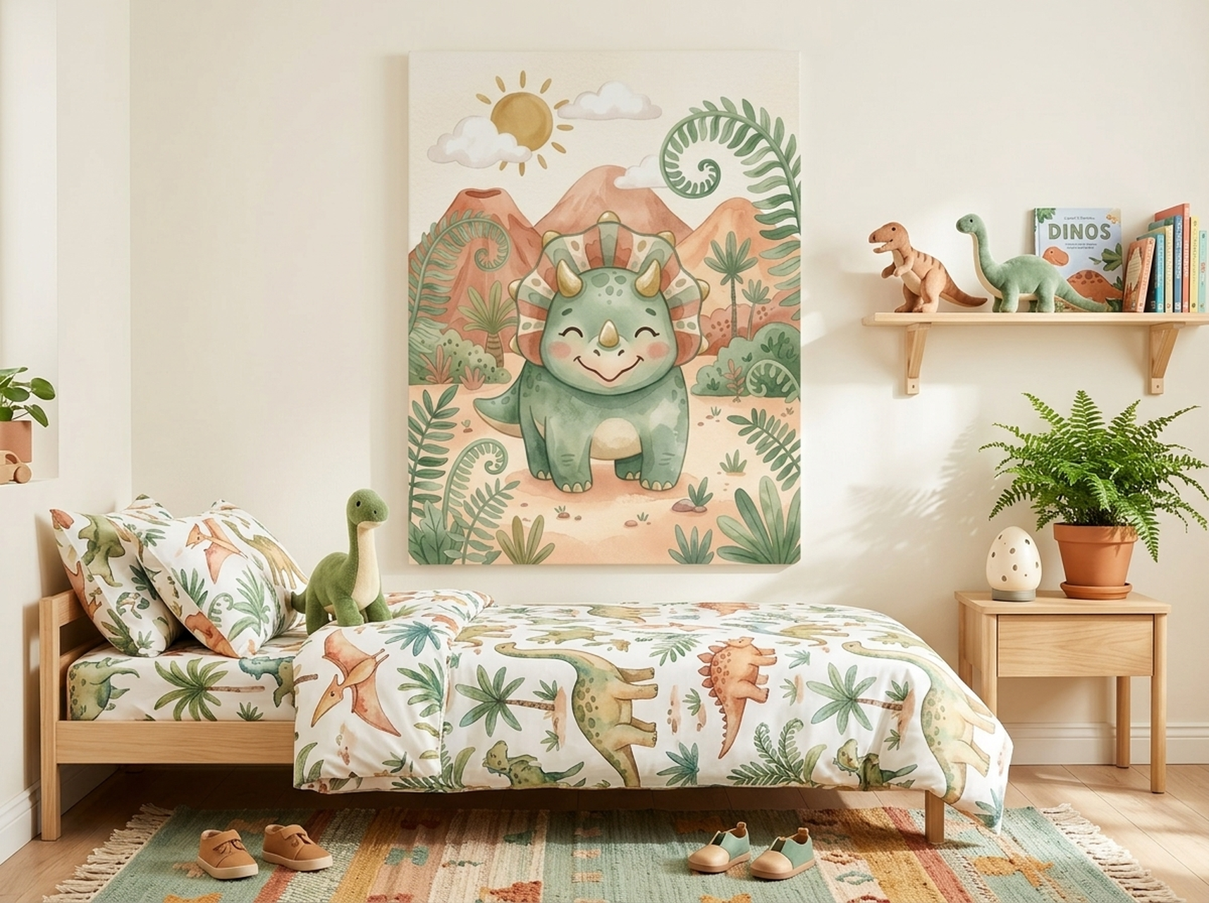 Triceratops watercolor nursery canvas wall art in soft friendly colours for a gender neutral kids room