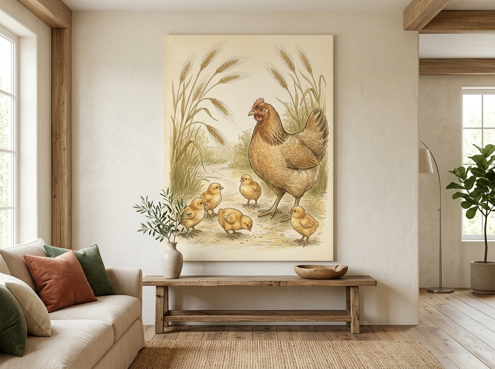 Vintage hen and chicks watercolour canvas wall art in soft farmhouse cottagecore style, perfect for a nursery or country hallway