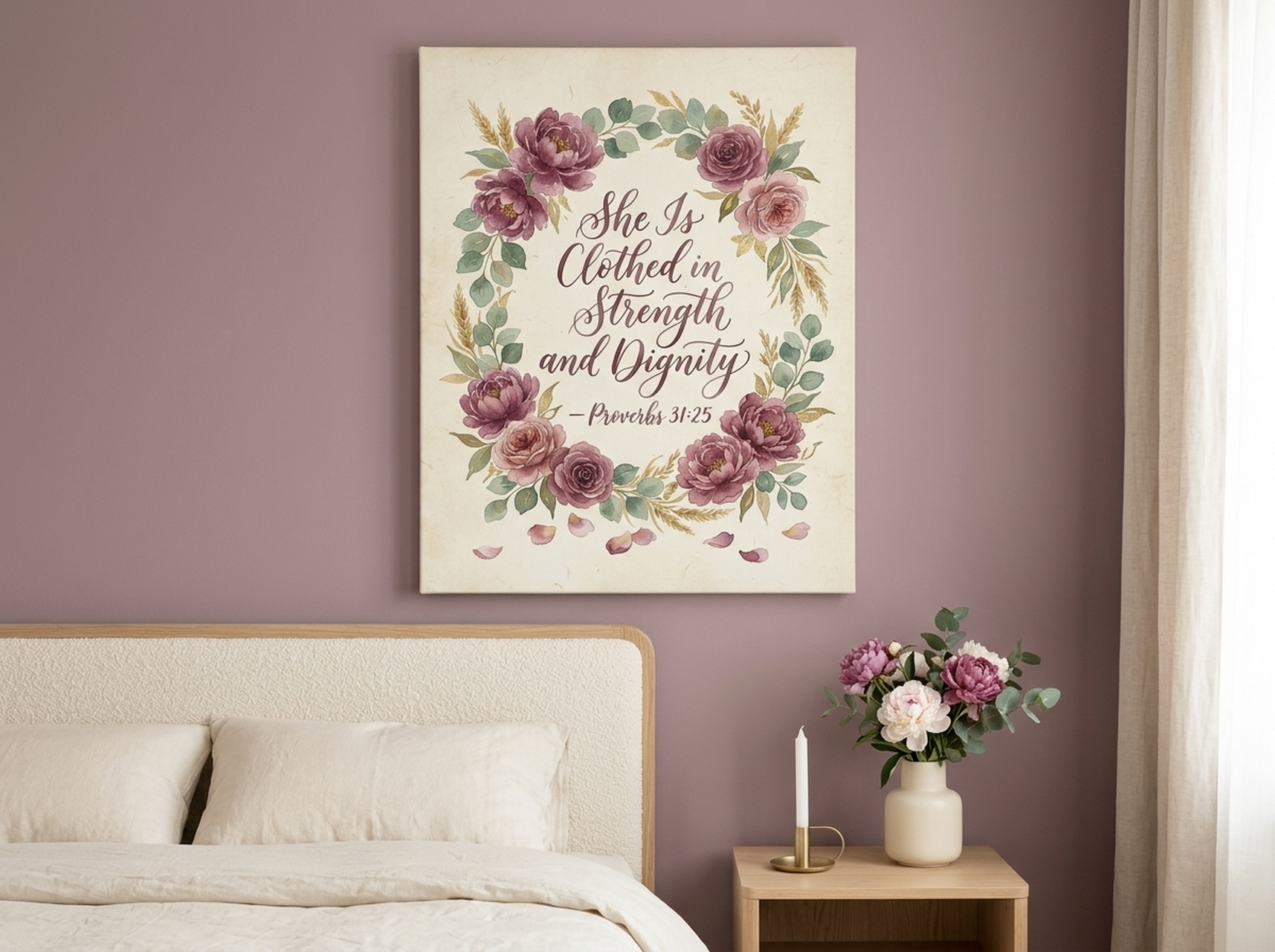 Proverbs 31 watercolor floral wreath canvas wall art in cream rose burgundy and sage tones