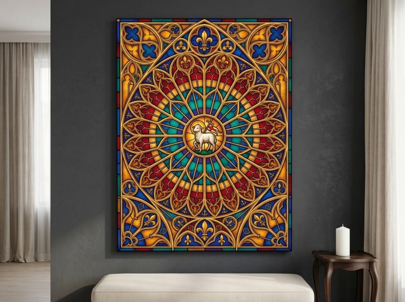 Agnus Dei Stained Glass canvas wall art, Gothic rose window Christian framed print, jewel tones gold blue burgundy sacred geometry