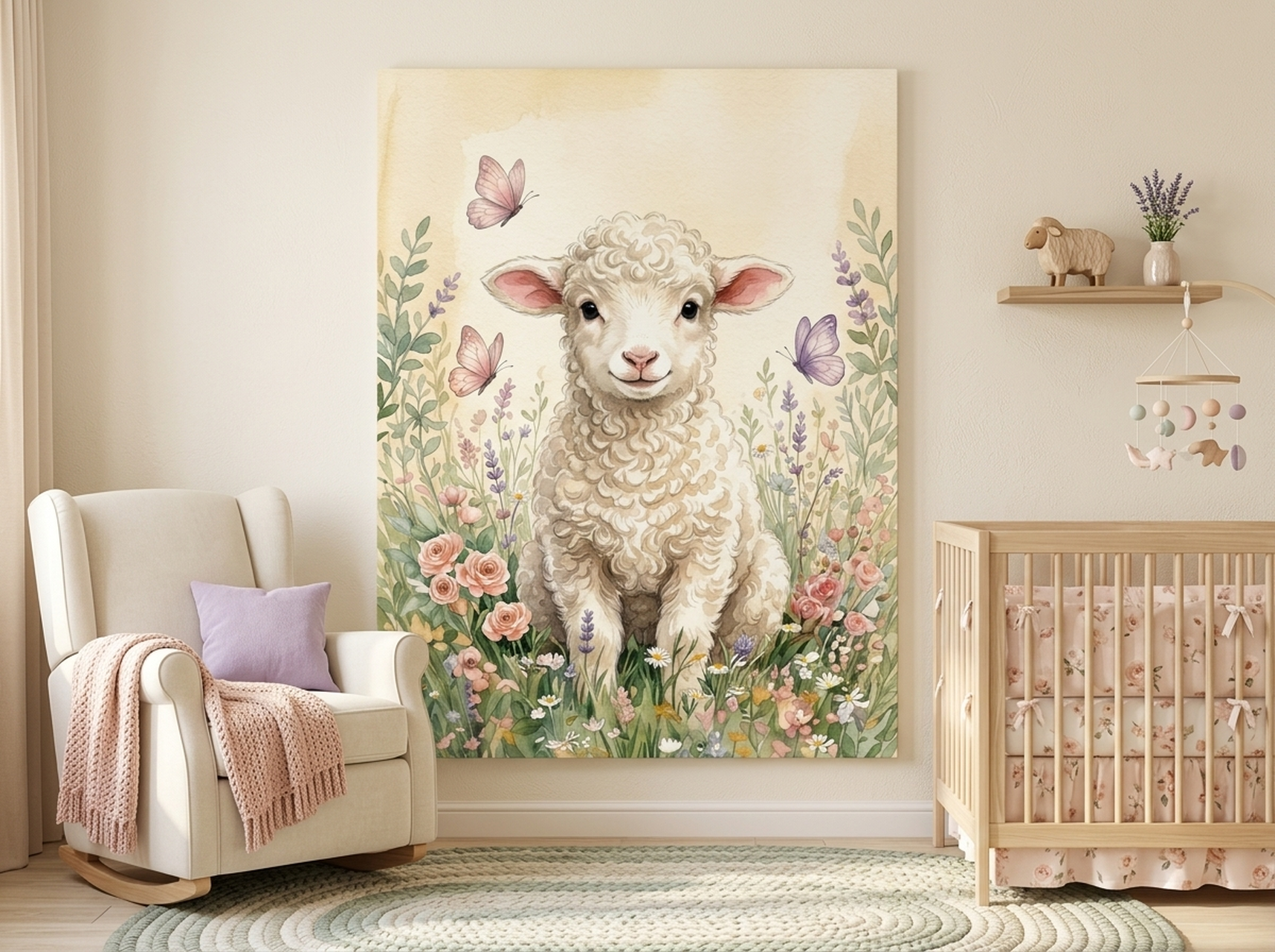 Baby lamb watercolor nursery canvas wall art surrounded by soft wildflowers on a cream background