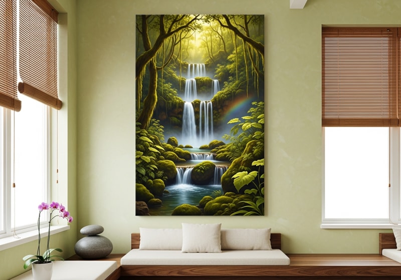 waterfall canvas wall art tropical forest painting in emerald green and misty blue