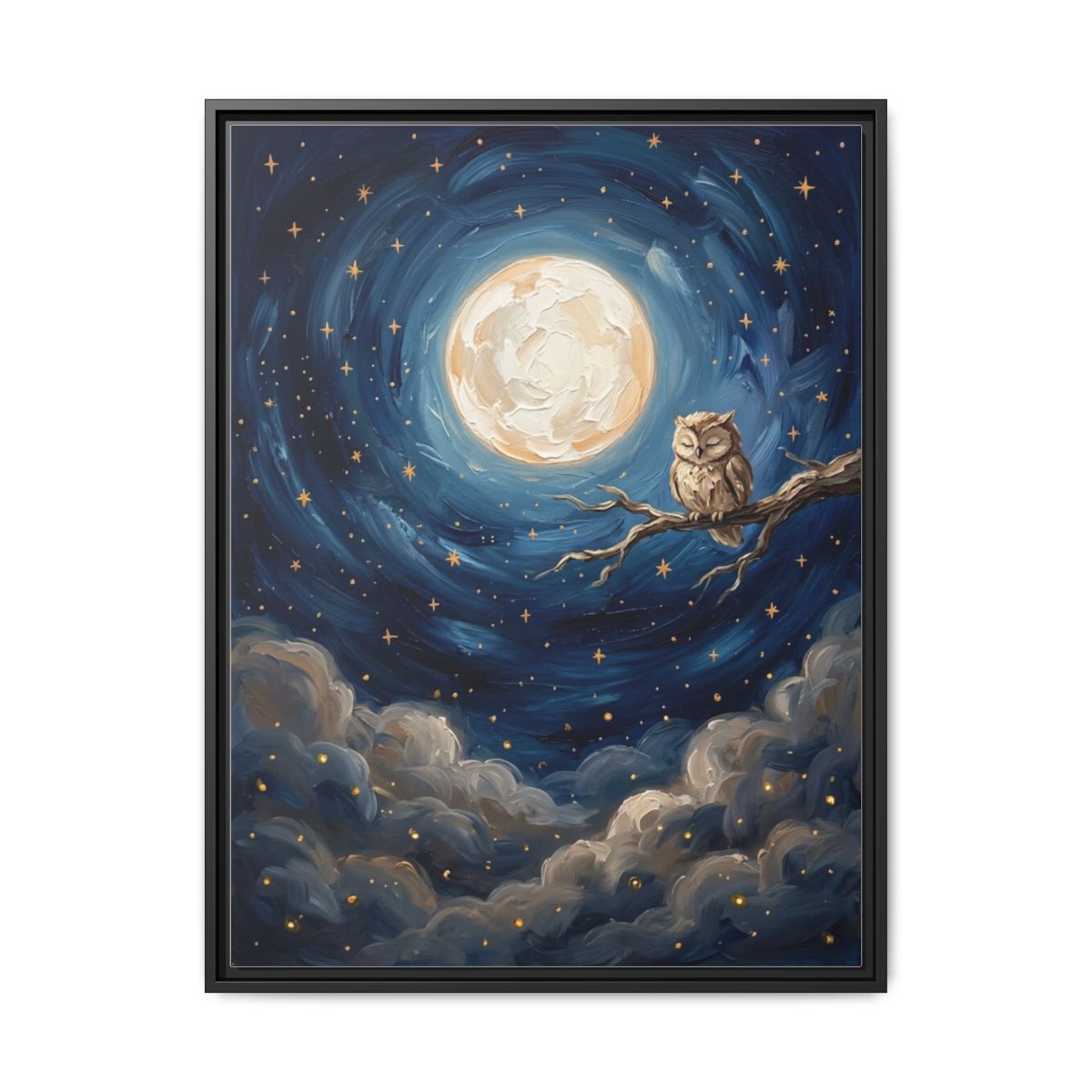 Moon Owl celestial nursery canvas wall art with navy blue gold and cream tones featuring an owl perched on a crescent moon with stars