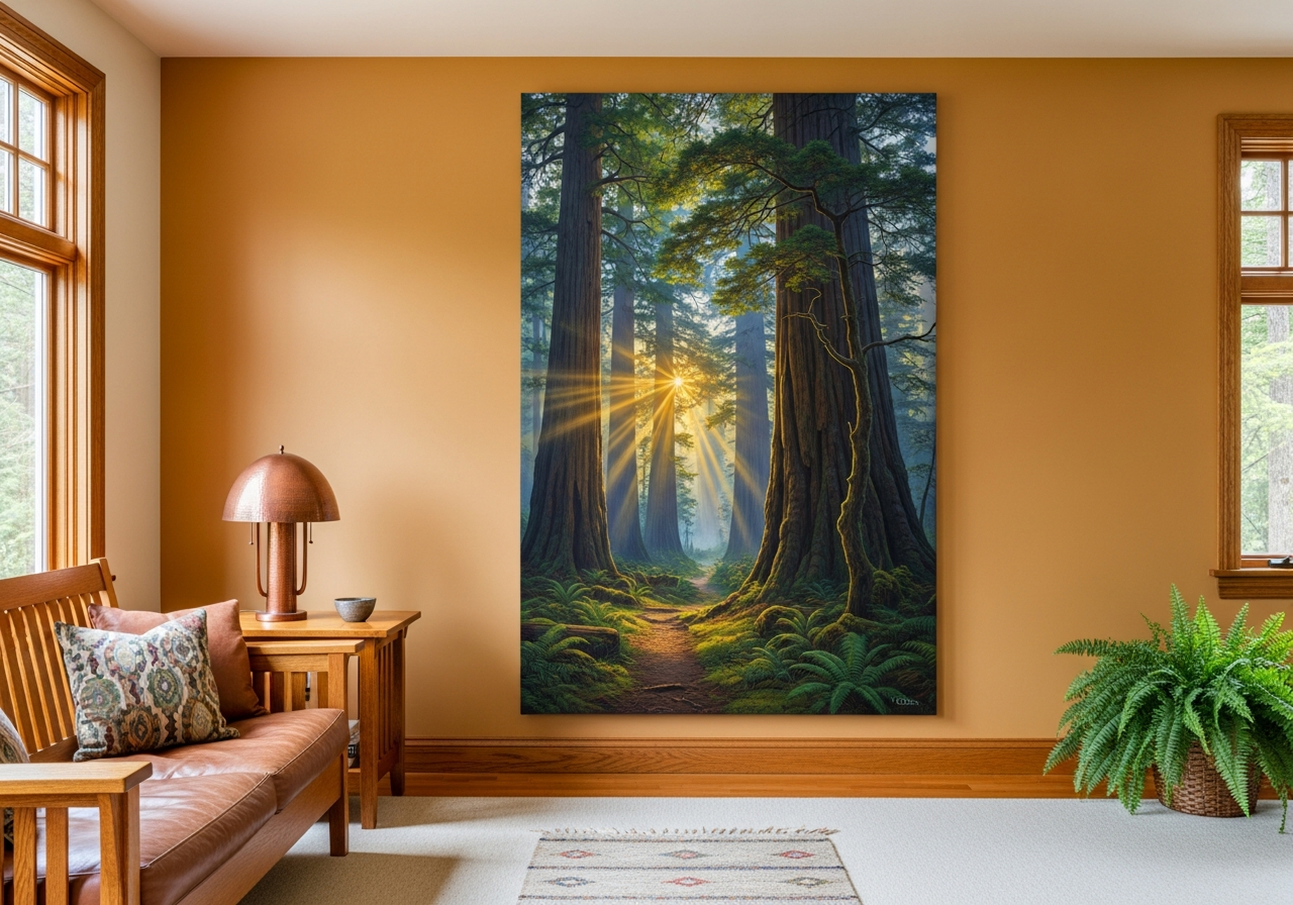 Sunbeam Forest canvas wall art showing golden light filtering through old growth redwood trees, framed in black, ideal oversized piece above a sofa