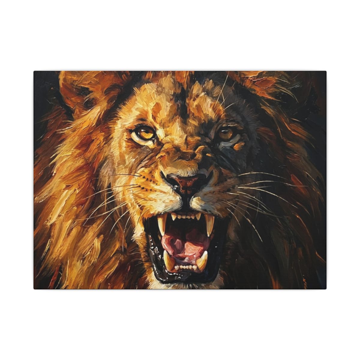 Roaring Lion bold statement canvas wall art in black, gold, and orange dramatic tones