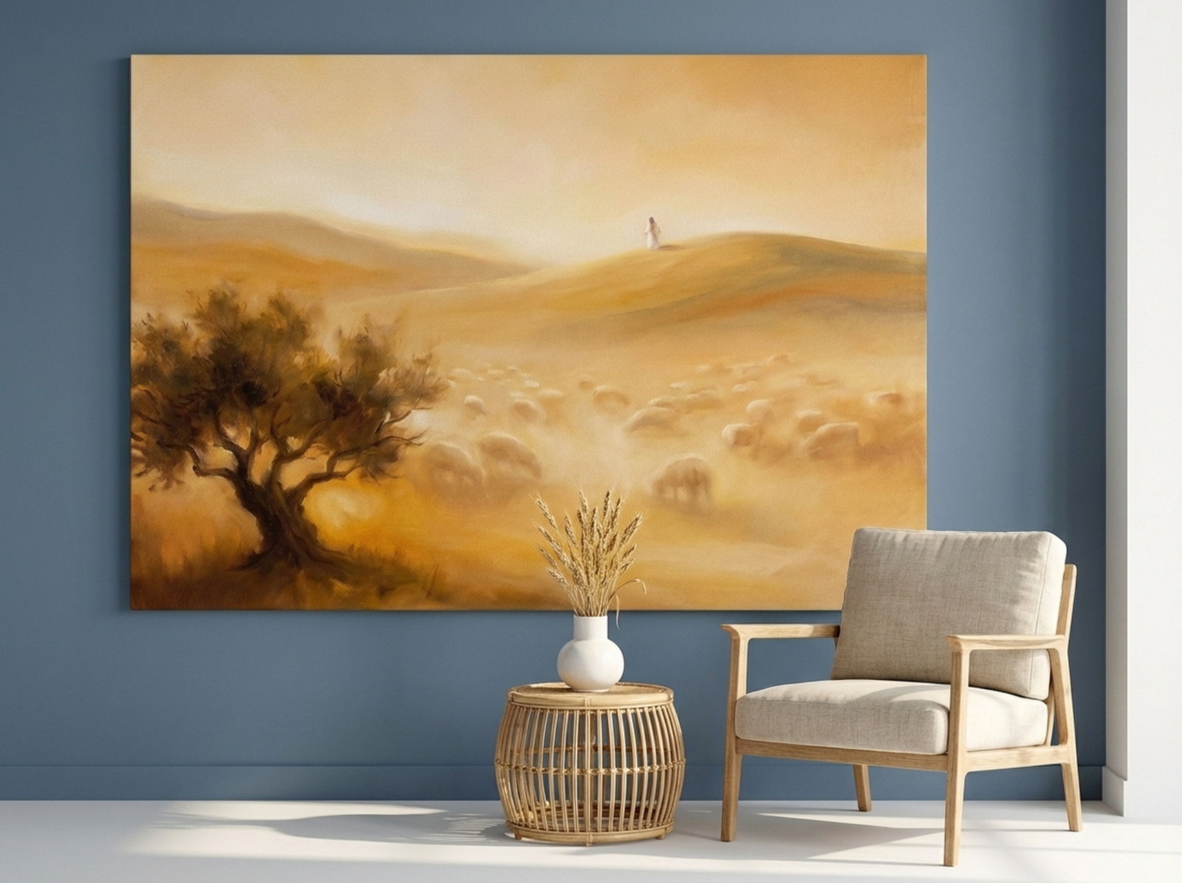 The Good Shepherd minimalist canvas wall art in gold tan and cream tones with pastoral landscape