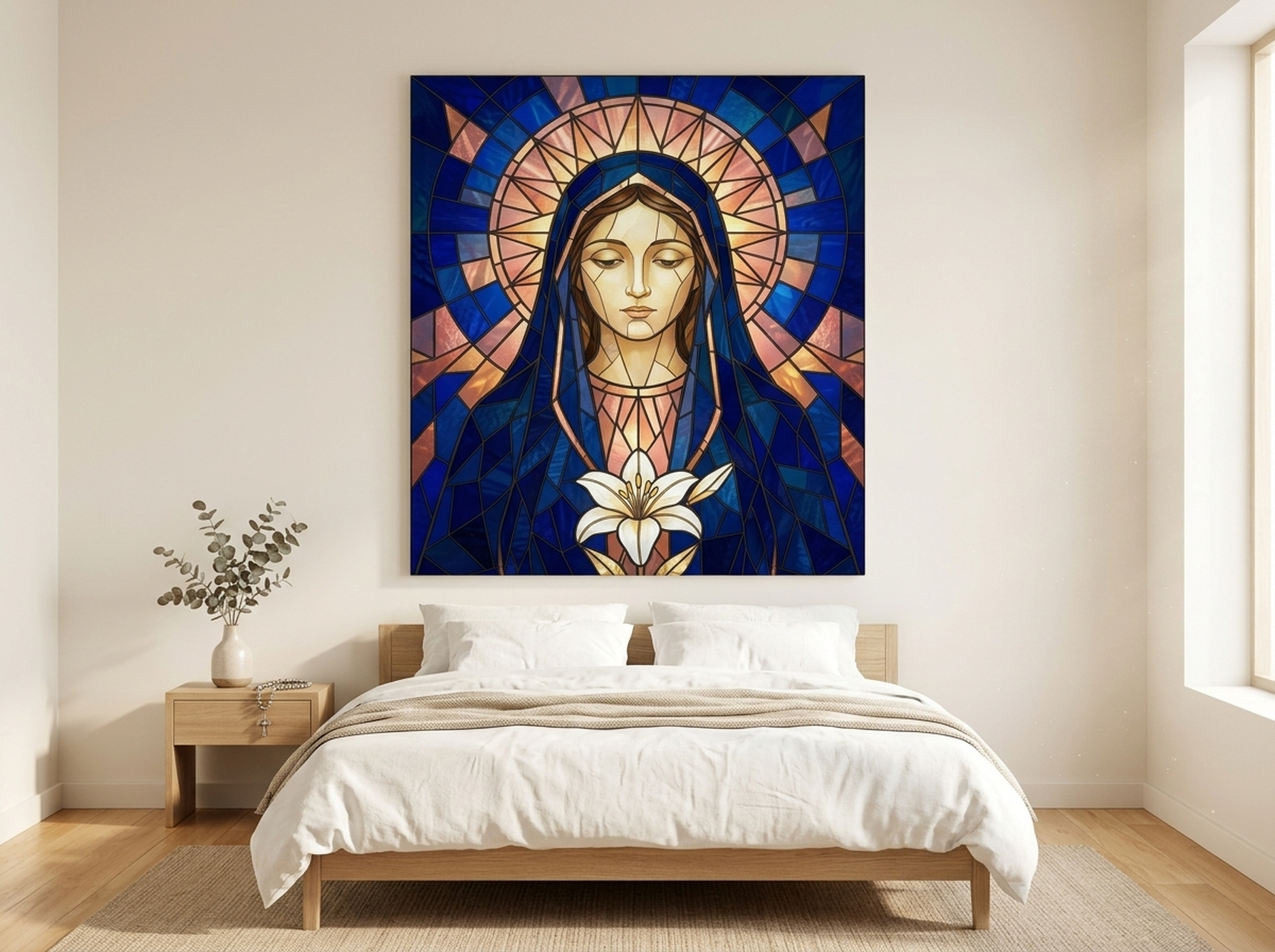 Virgin Mary stained glass canvas wall art in navy blue, gold, and rose jewel tones