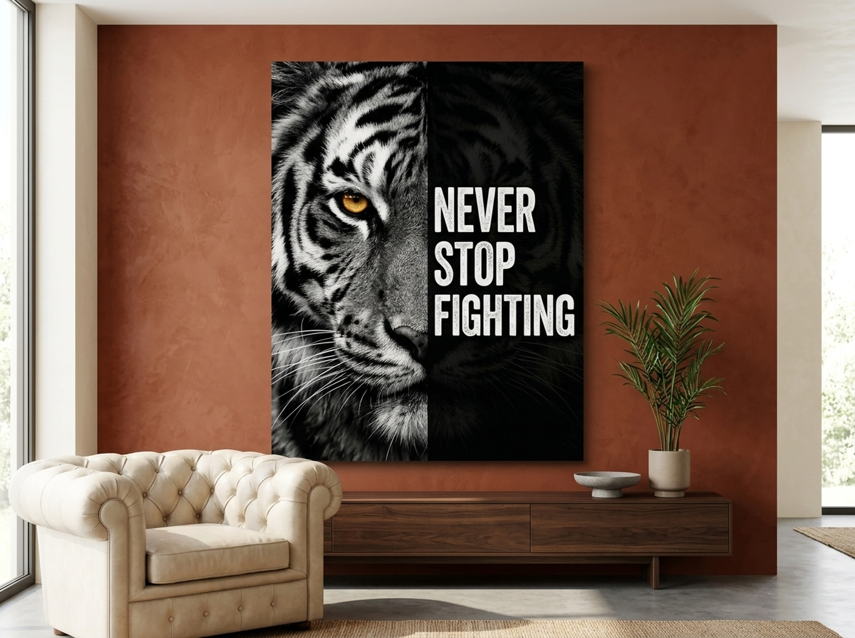 Tiger face close up black amber canvas wall art for man cave wildlife print
