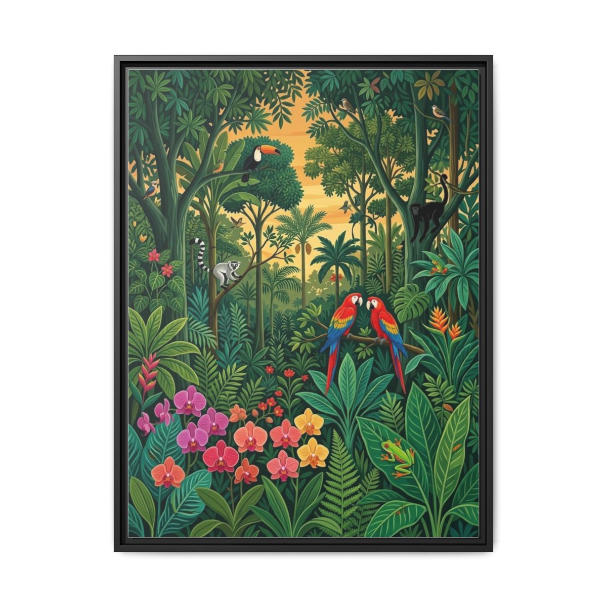 Rainforest Parrots Rousseau style tropical canvas art with vibrant green and orange tones in a living room