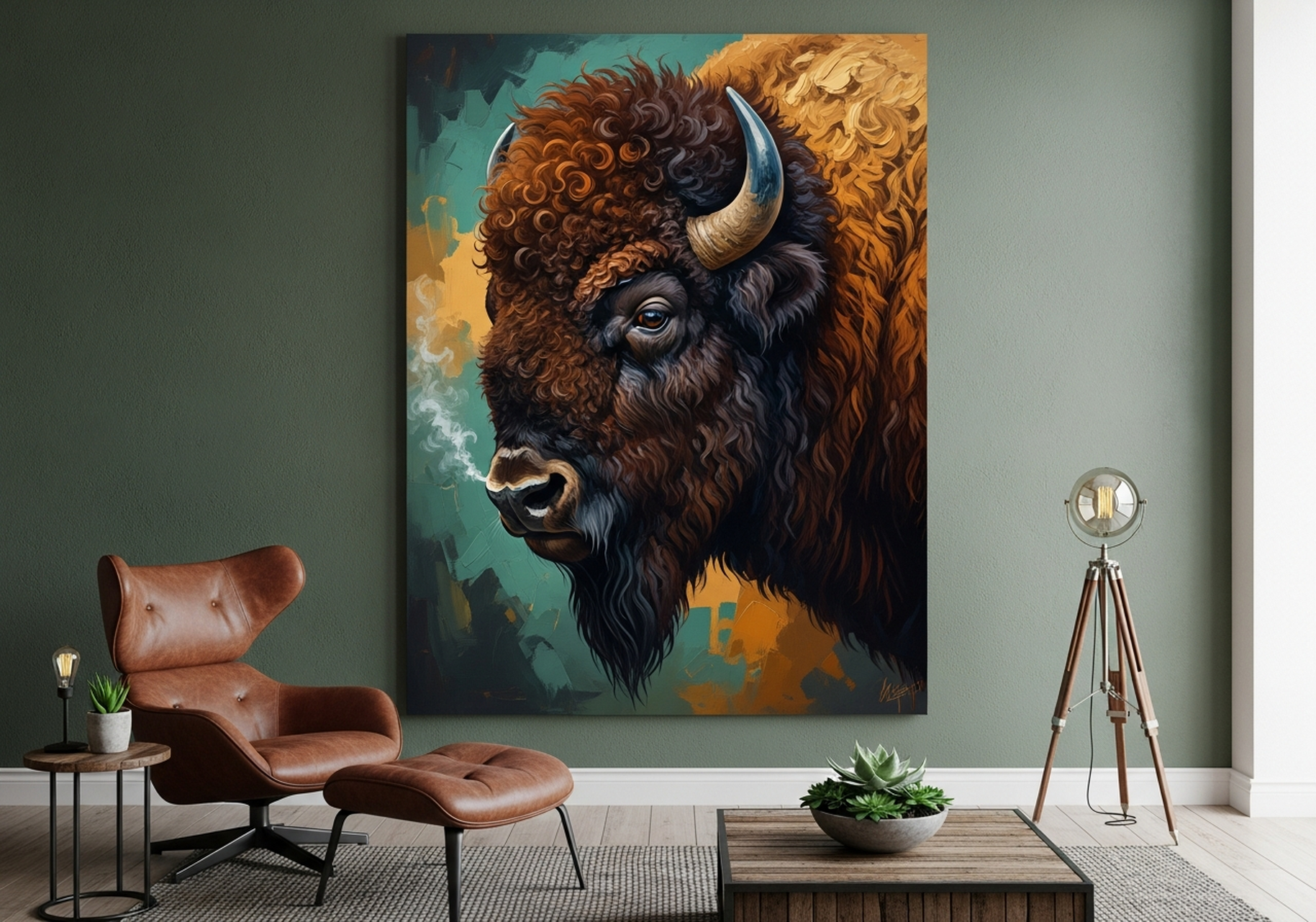 American bison impasto oil painting canvas wall art, dark ochre amber tones, western rustic living room decor