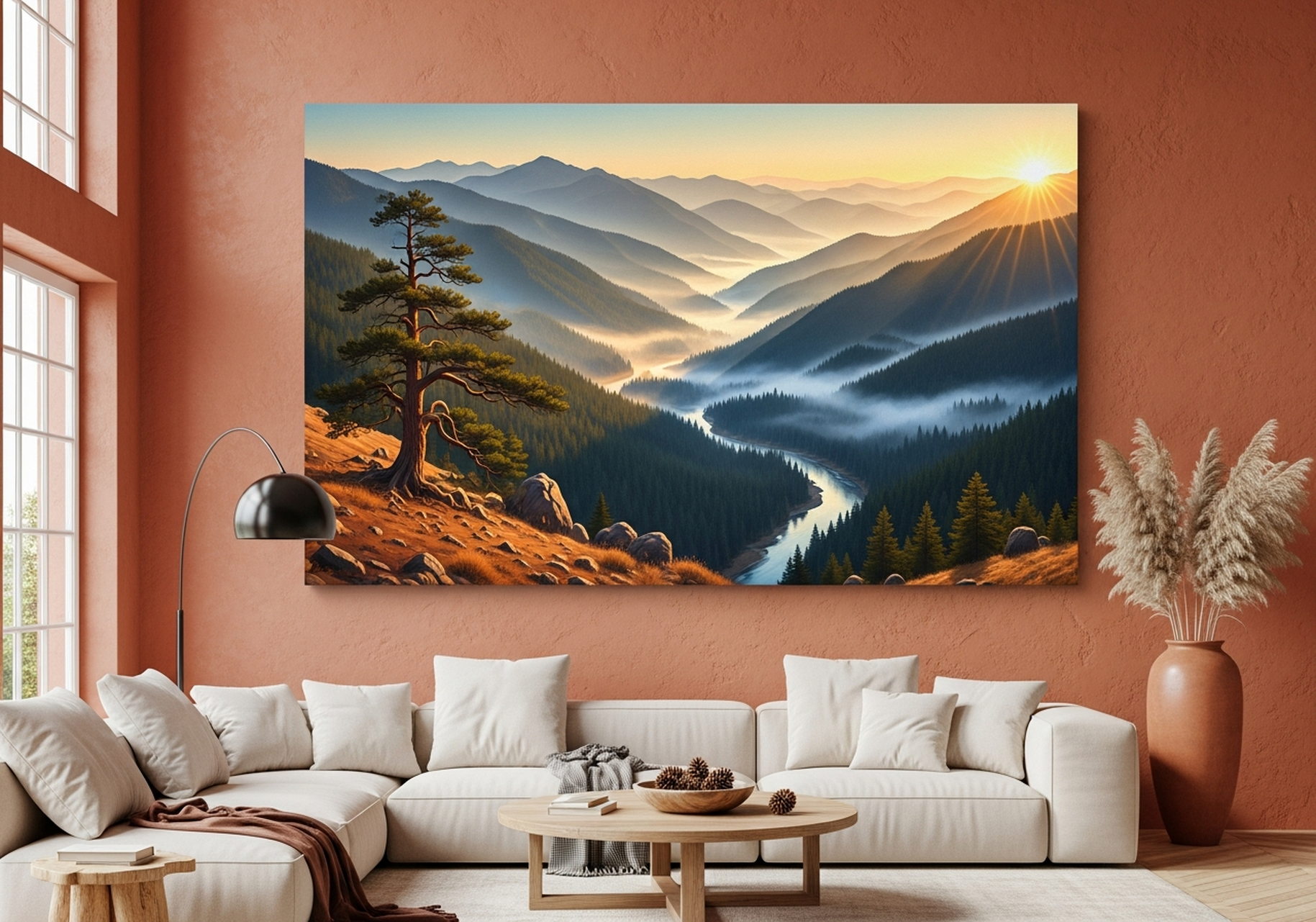 Misty mountain valley sunrise canvas art creating a peaceful atmosphere in a bedroom