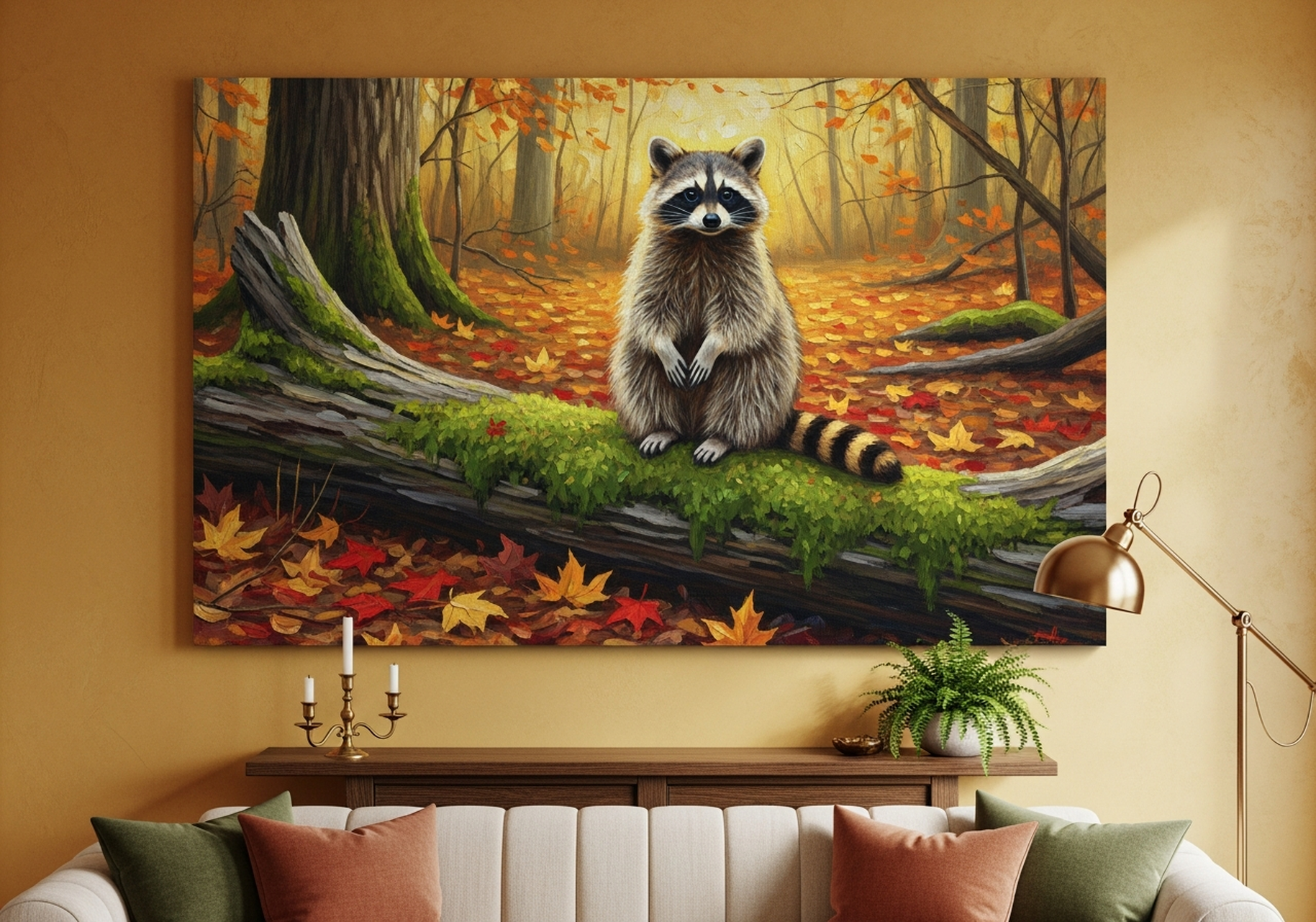 Raccoon autumn woodland canvas wall art in russet and orange tones displayed in a cozy reading nook