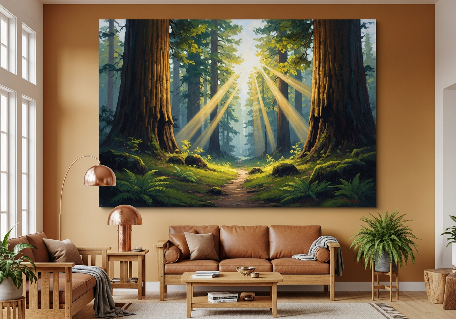Sunbeam Forest Canvas Wall Art hanging on a wall in a beautiful room
