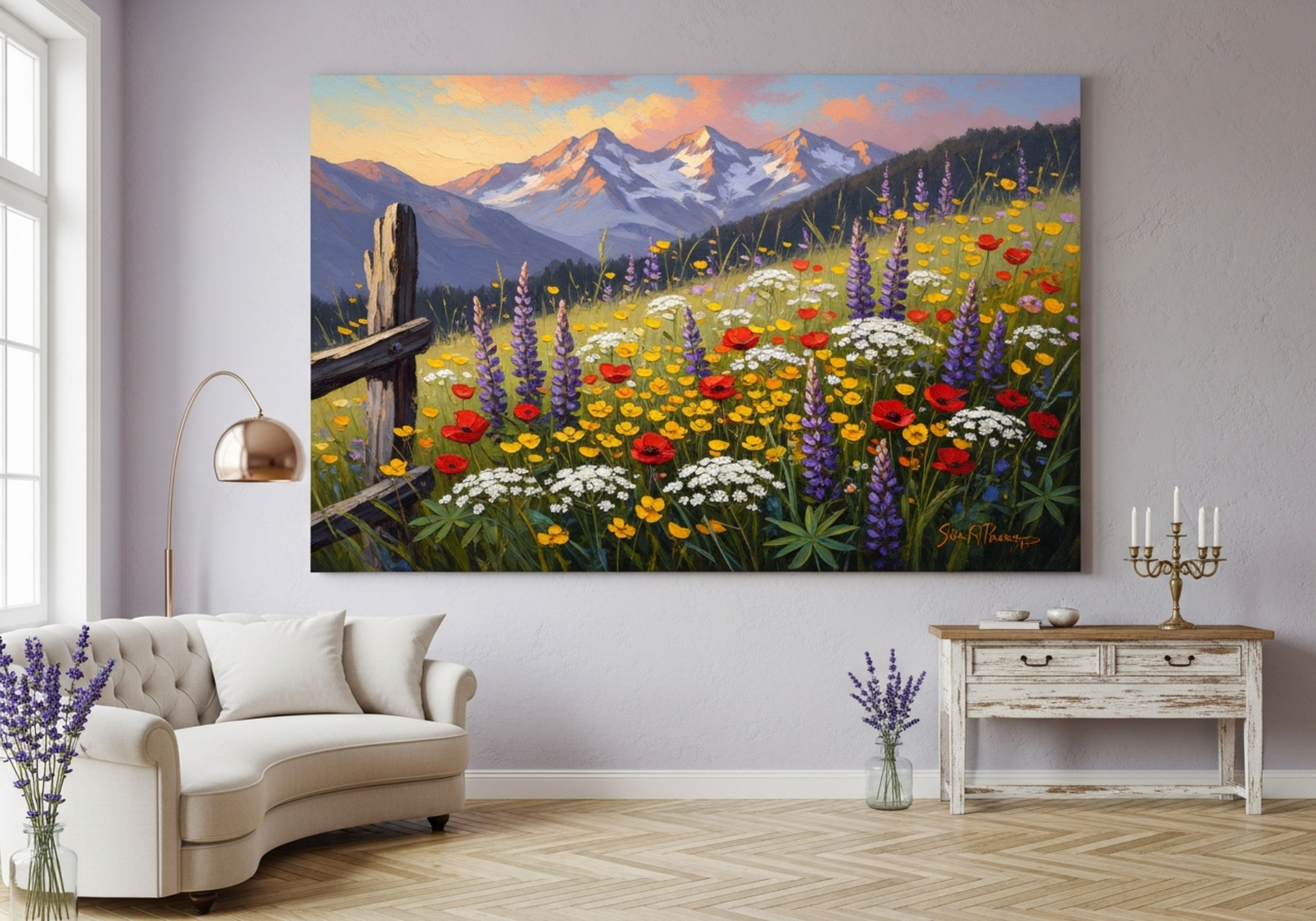 Wildflower meadow canvas wall art in lavender and gold tones displayed in a bright hallway