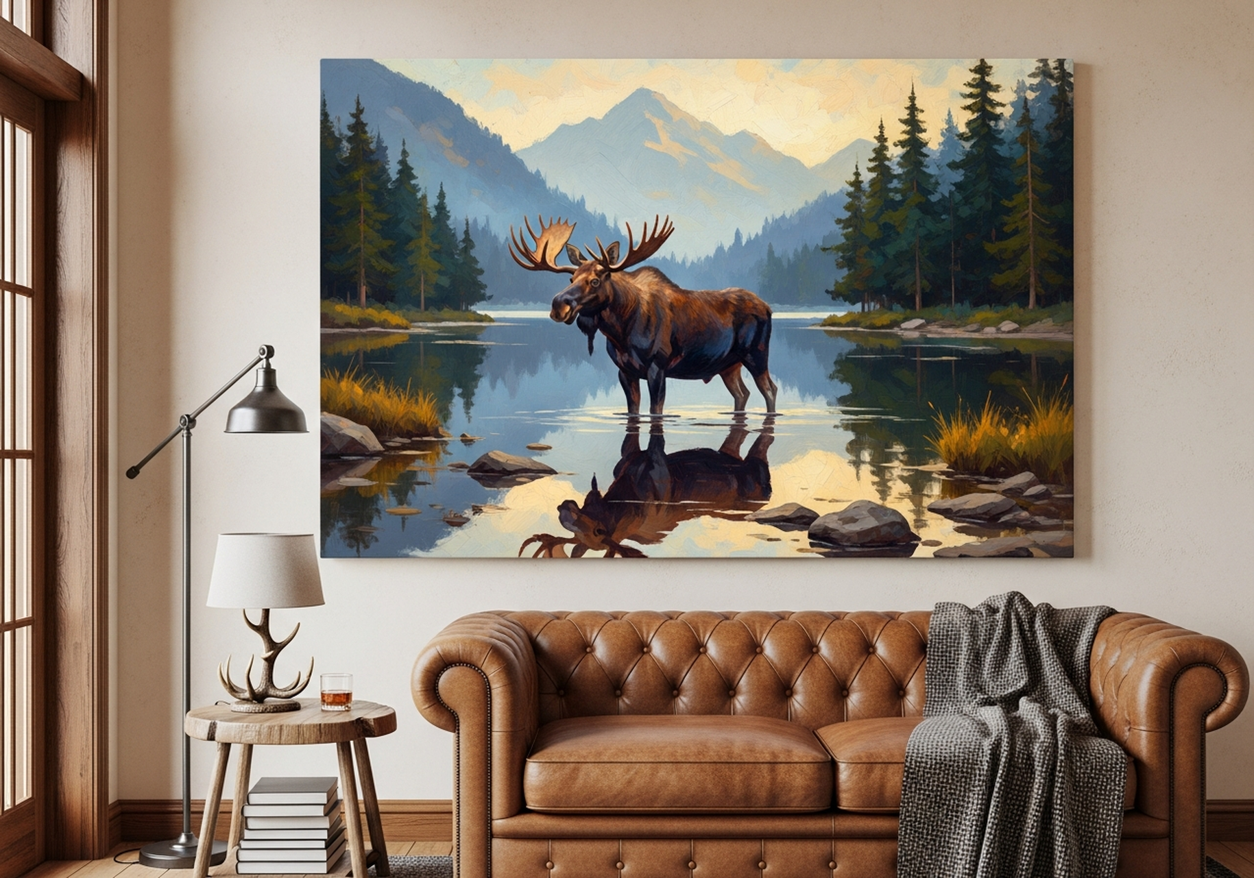 Moose canvas wall art with lake reflection in forest green tones in a bedroom setting