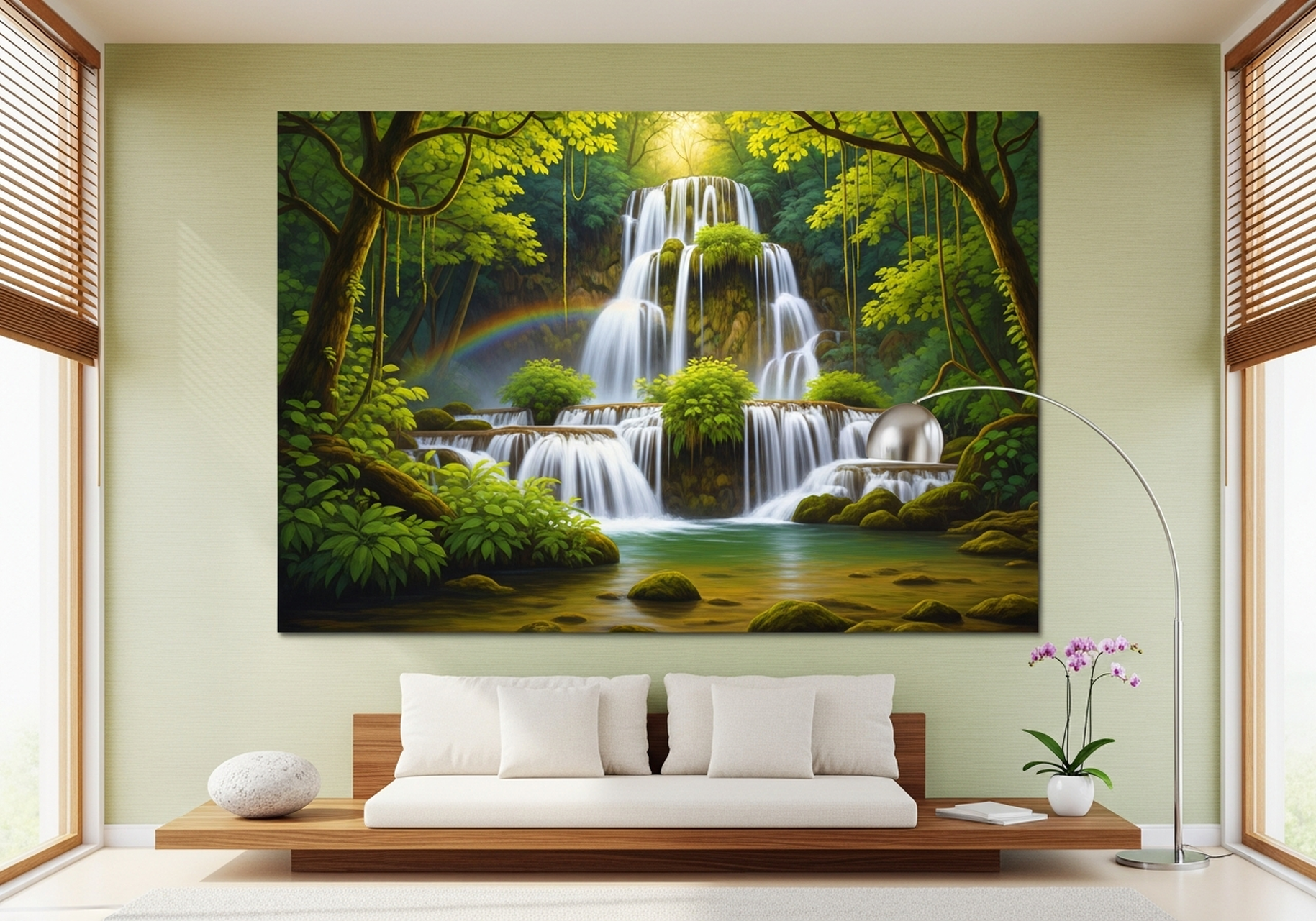 Waterfall Canvas Wall Art in emerald and gold tones on wall