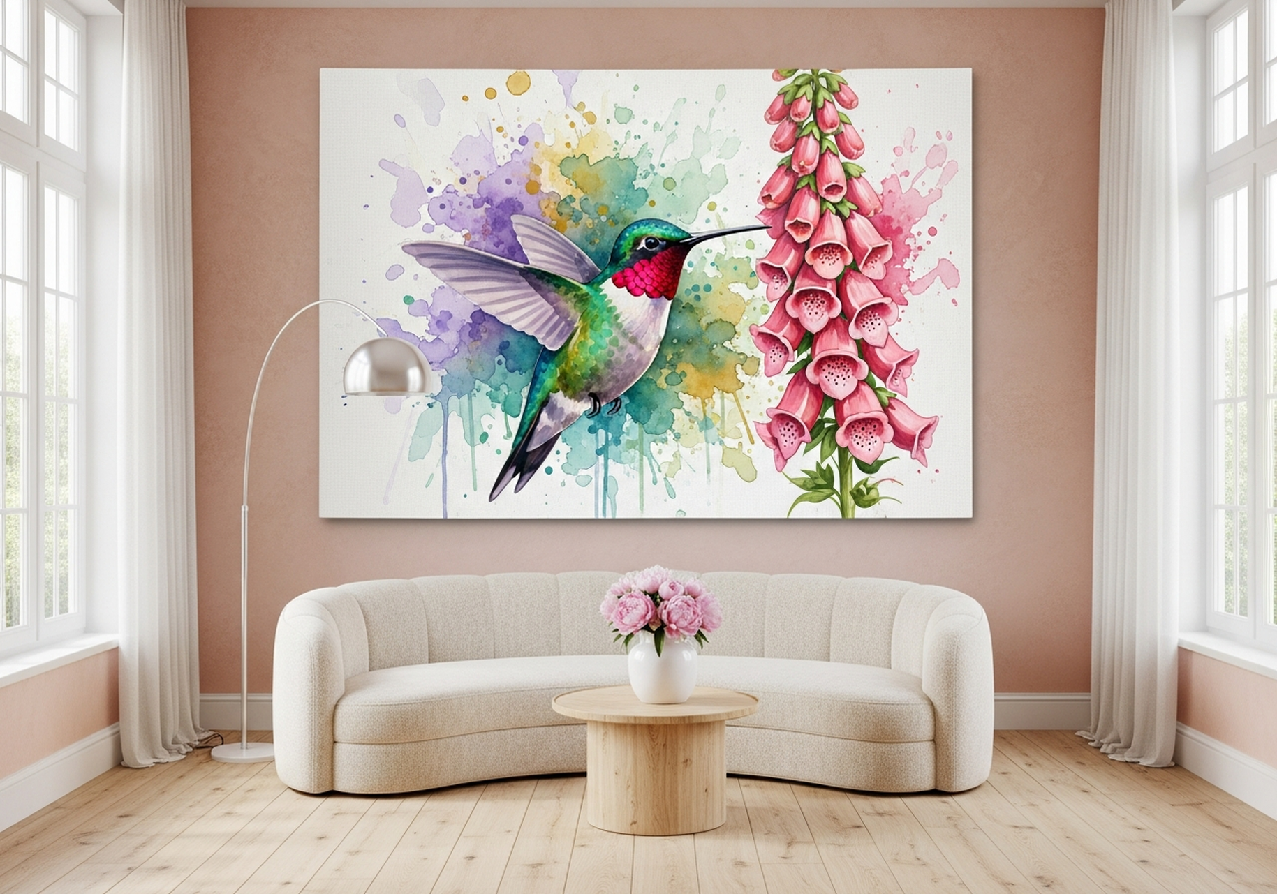 Watercolor hummingbird and foxglower canvas art in emerald and coral bringing nature vibes
