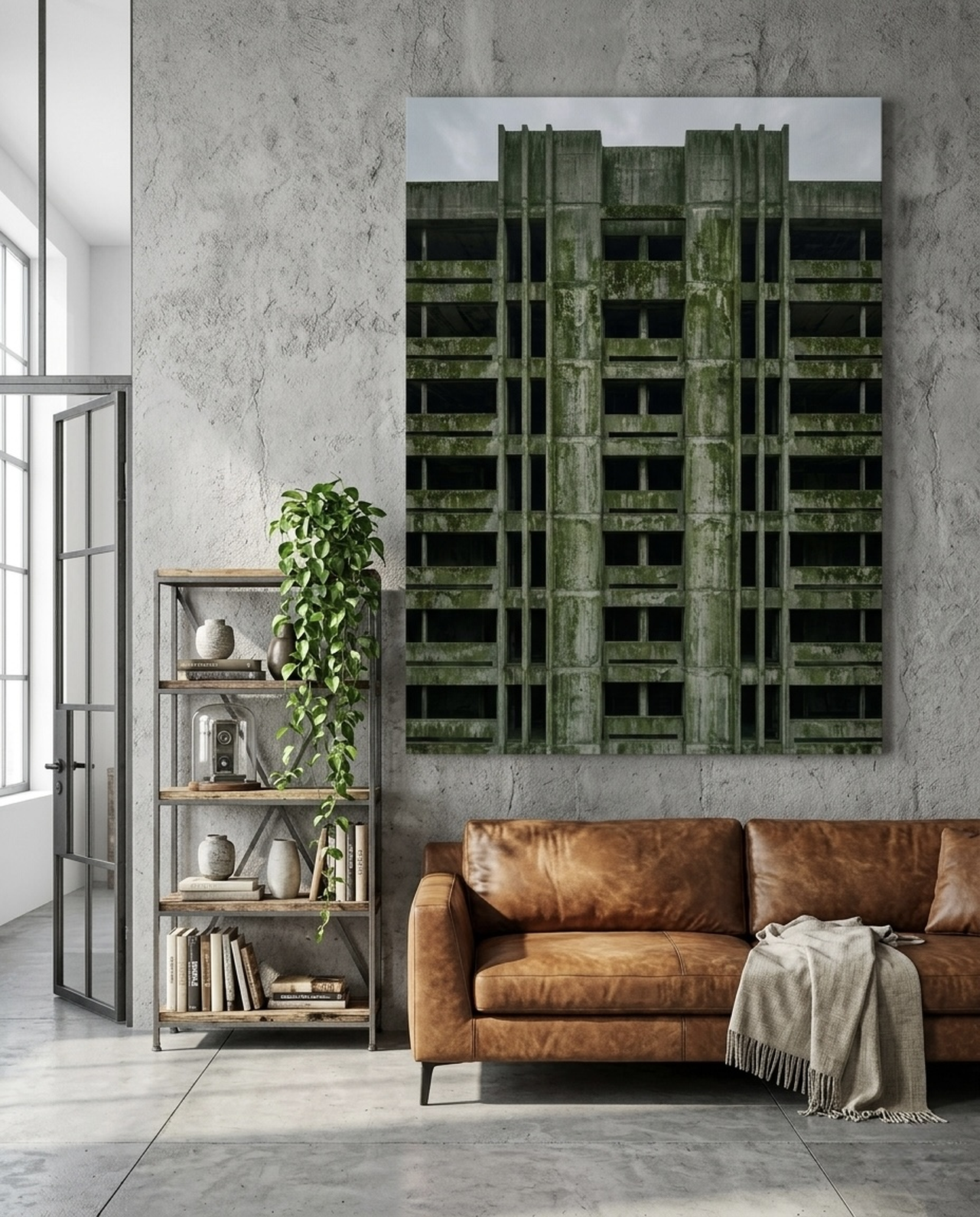 Gallery wall arrangement with vertical art pieces to visually raise a low ceiling