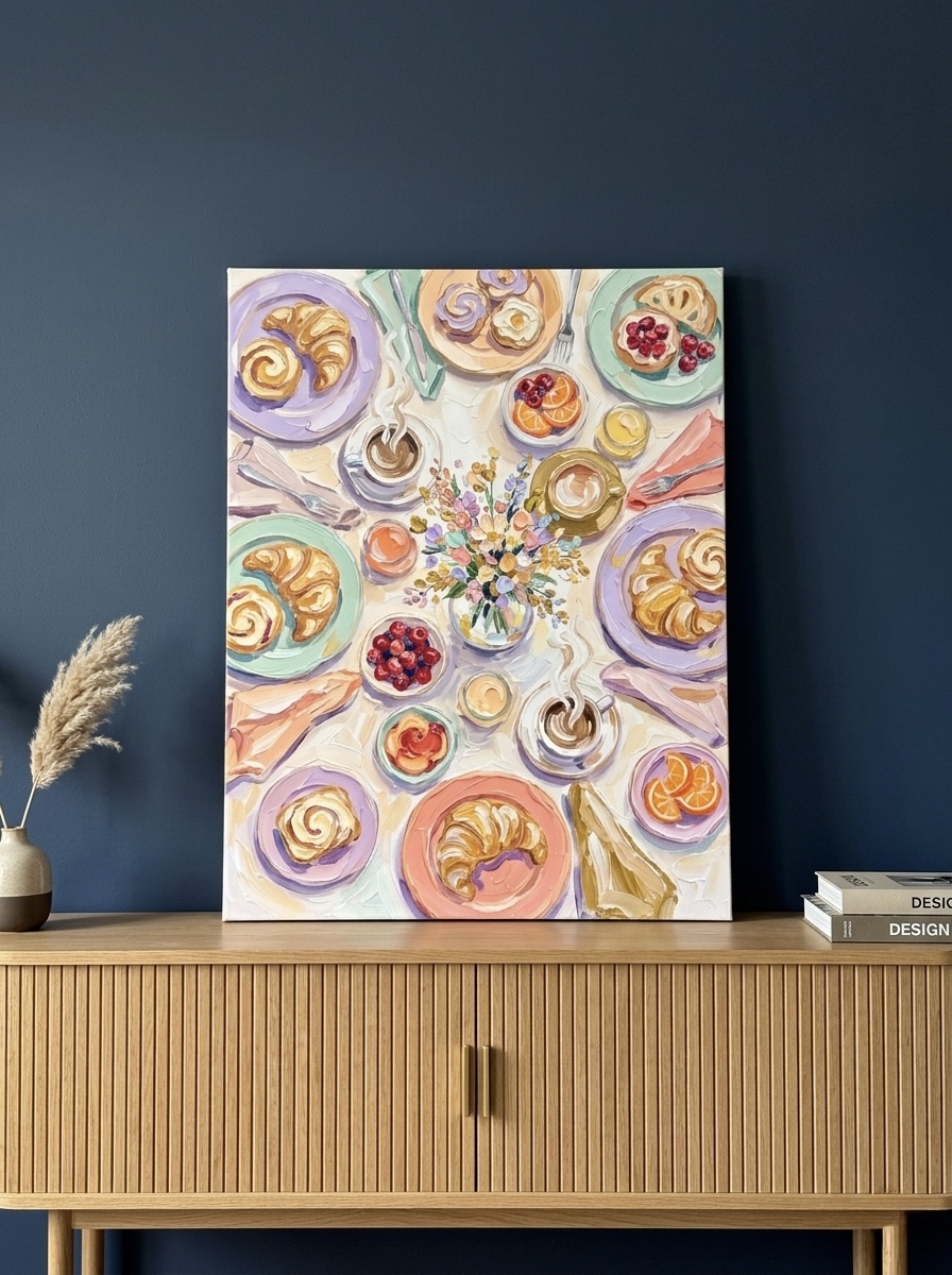 Abstract brunch table canvas in lavender, mint, peach and gold colorful kitchen print framed above a modern dining set