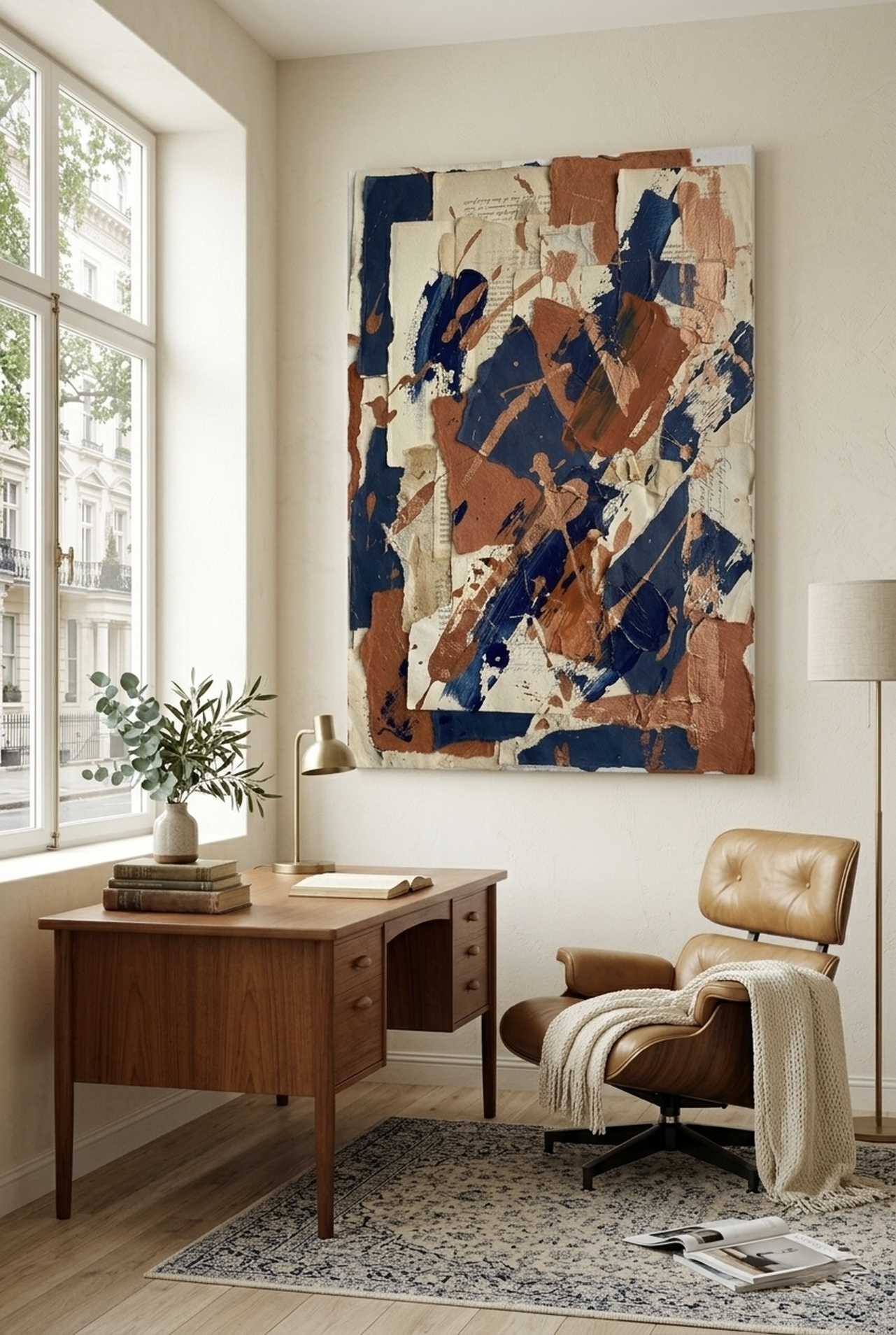 Abstract Collage Navy Terracotta canvas wall art adding warmth to a fireplace focal wall