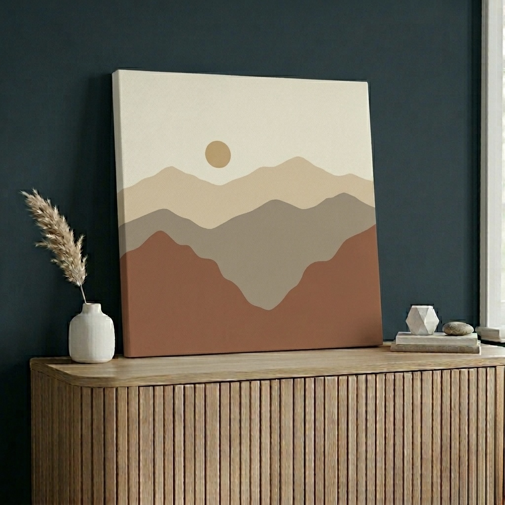 Abstract Mountain Sunset terracotta canvas hung at correct height above a low linen sofa, centered and lit by a brass picture light in a sunlit living room