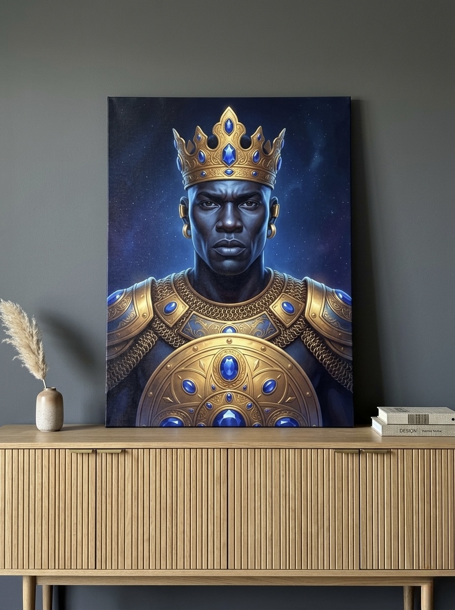 African warrior king portrait in gold armor against navy and black backdrop, regal living room art