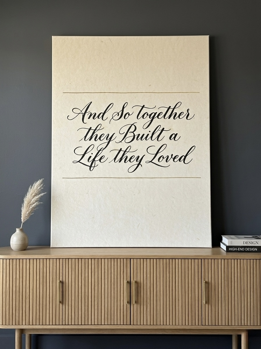 And So Together They Built a Life They Loved elegant calligraphy canvas in cream, black, and tan as a romantic anniversary gift in a couples bedroom