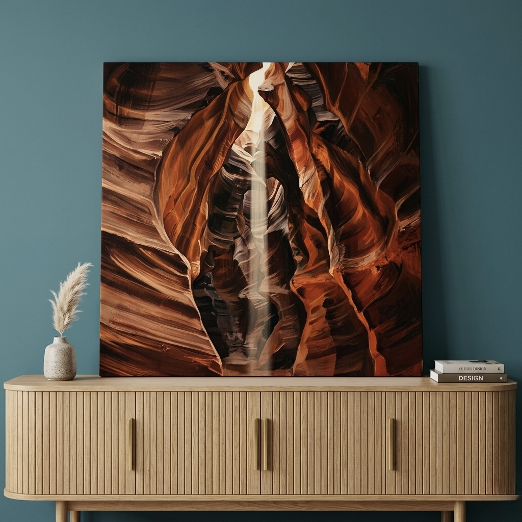Antelope Canyon canvas wall art with golden light beam in a slot canyon, hung in a modern living room with terracotta and cream tones