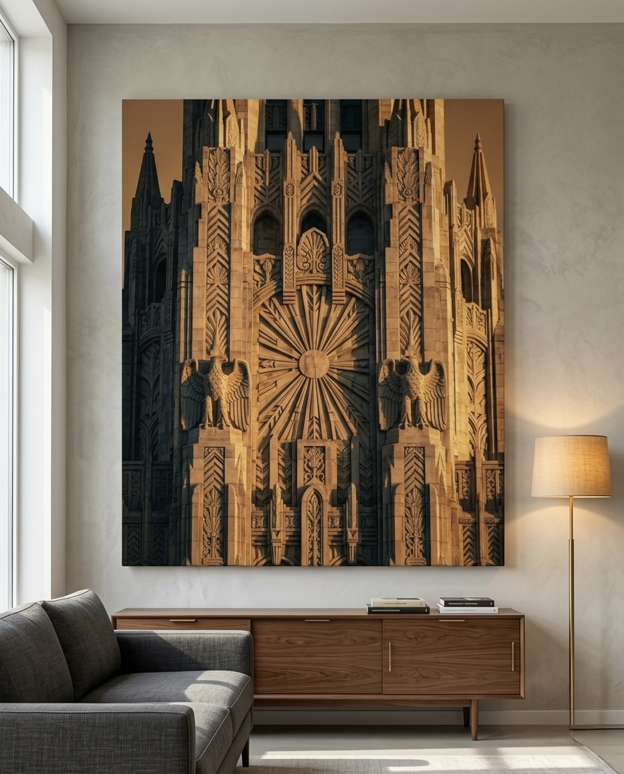 Art Deco Skyscraper dramatic photography canvas wall art in a classic living room