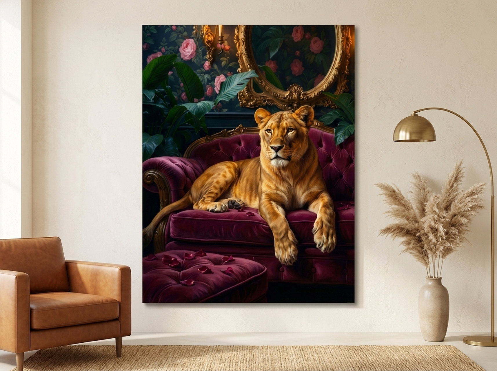 Baroque lioness canvas painting in burgundy and gold displayed in a luxurious tall-walled room